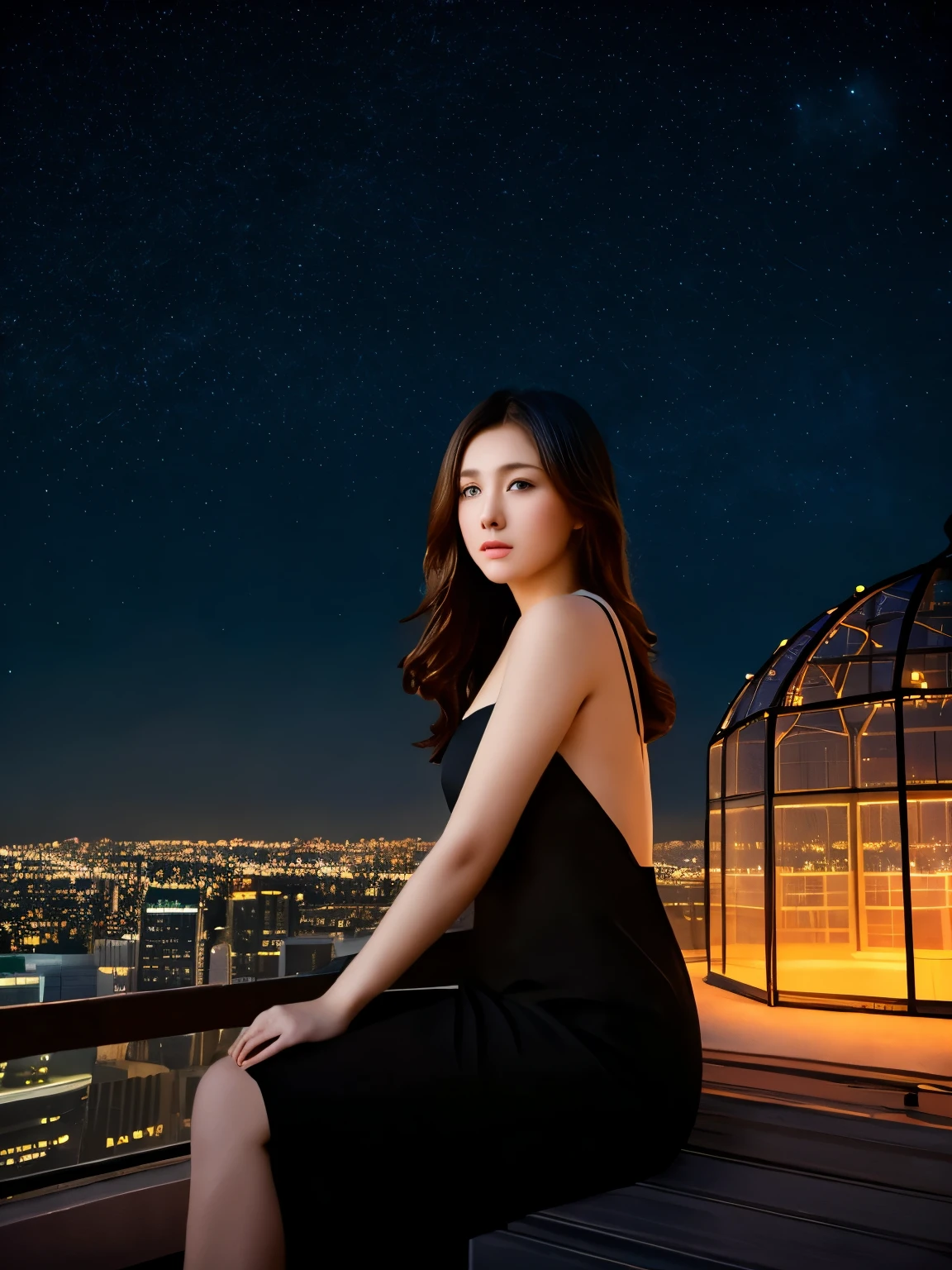 highest quality, masterpiece, very detailed, detailed background, anime, 1 girl, young girl, short girl, SF, SF, outdoor, night, starry sky, greenhouse, huge structure, biodome, Wind景, scenery, horizon, rooftop, sitting on rooftop, Wind, look away, atmosphere lighting, focus only, close, From the side, Depth of the bounds written, Bokeh