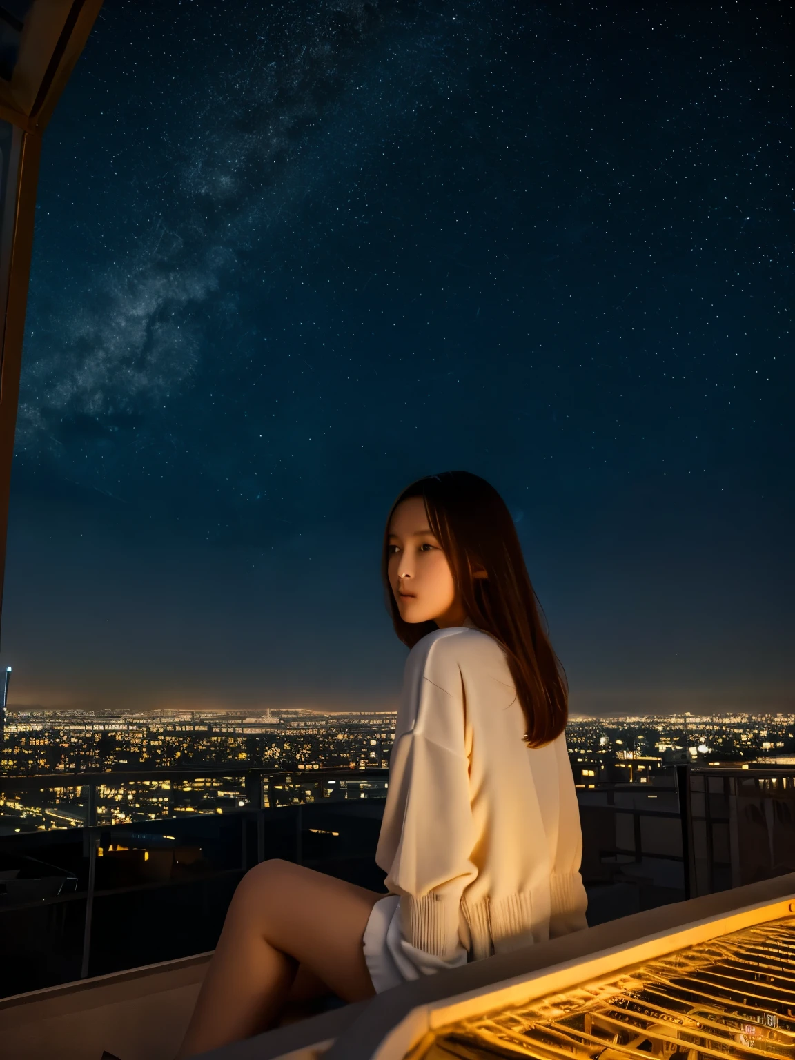 highest quality, masterpiece, very detailed, detailed background, anime, 1 girl, young girl, short girl, SF, SF, outdoor, night, starry sky, greenhouse, huge structure, biodome, Wind景, scenery, horizon, rooftop, sitting on rooftop, Wind, look away, atmosphere lighting, focus only, close, From the side, Depth of the bounds written, Bokeh