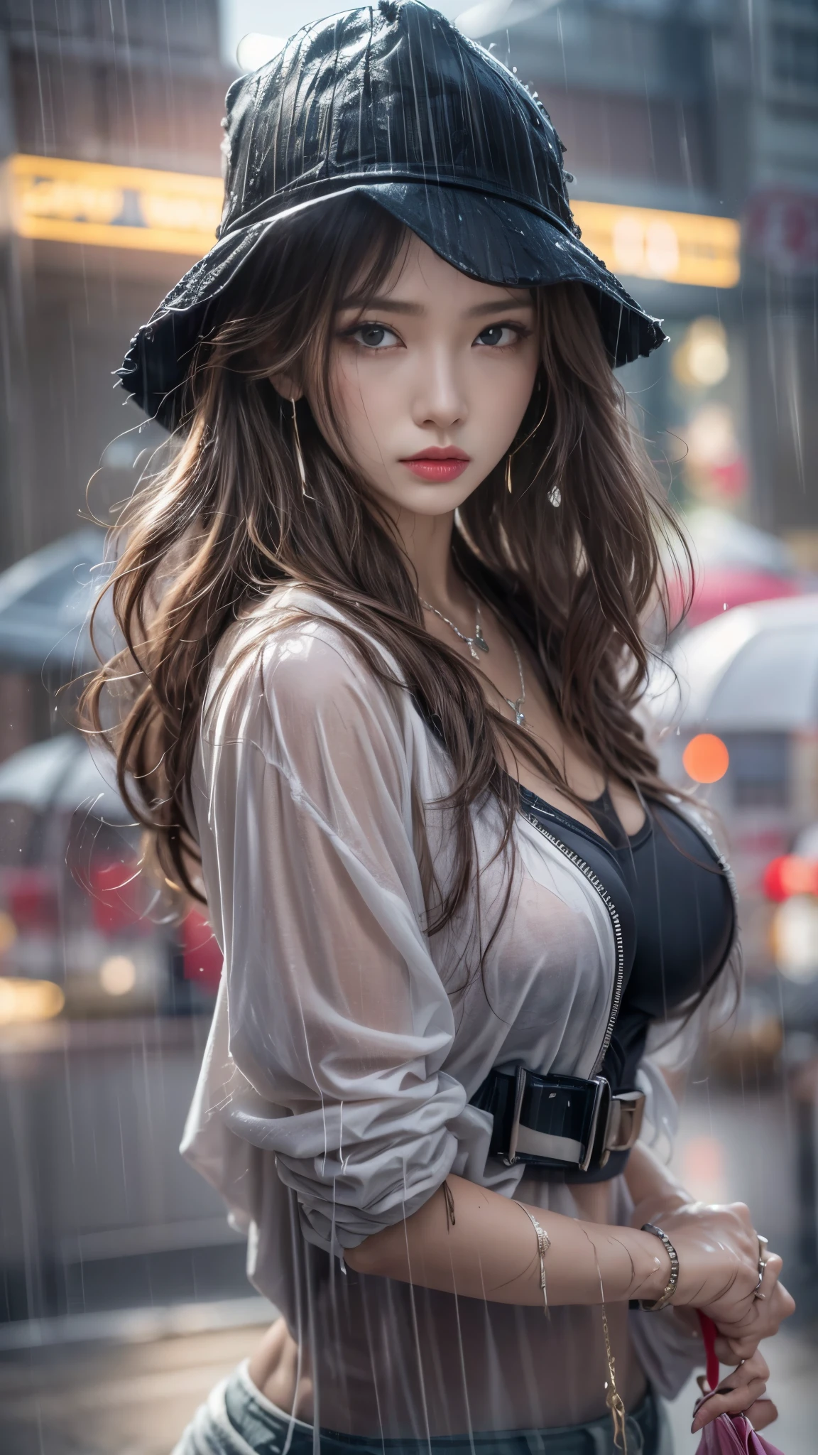 (Photoreal:1.5, 8K, highest quality:1.3, masterpiece, ultra high resolution), ((Typhoon heavy rain)), Highly detailed skin and facial textures:1.3, perfect dynamic composition:1.2, (Modern city at night, In front of the supermarket at night, expression of sadness:0.7), Tears are flowing:0.7, cry with a broken heart:0.7), Slim office lady wet in the rain:1.2, cowboy shot, Fair skin:1.2, sexy beauty:1.1, perfect style:1.2, beautiful and aesthetic:1.1, very beautiful face:1.2, water droplets on the skin, (rain drips all over my body:1.2, wet body:1.2, wet hair:1.3), (Holding a wet shopping bag:1.2, Wearing wet casual clothes:1.3), belt, (Medium chest, Bra see-through, Chest gap),  (Big eyes that exude beautiful eroticism:0.8, adult charm:0.8, Bewitching:0.8), necklace, earrings, bracelet, wedding ring, Highly detailed and accurate hand and finger representation