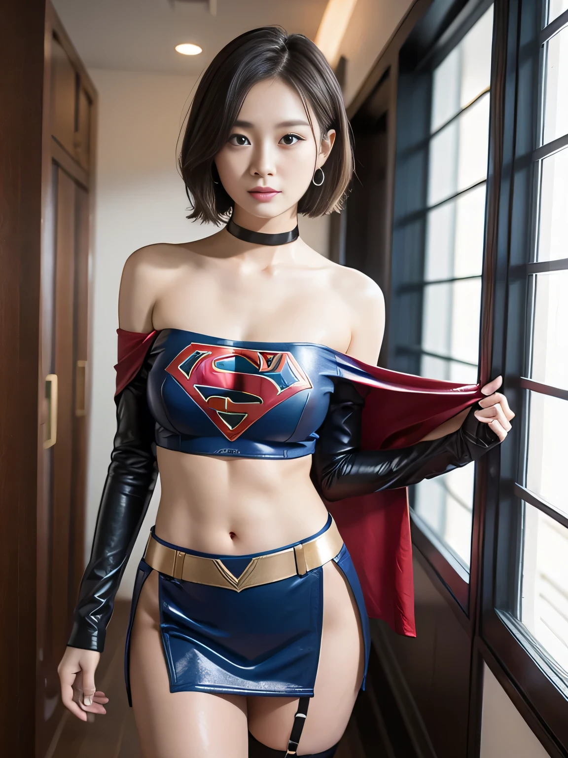 masterpiece、supergirl costume、short hair、barefoot、big and full breasts、Research room、operating table、oil massage、Tattered、shiny、look at the camera、Sexy poses to seduce、model body shape、choker、long sleeve、red mini skirt、Cowgirl、Estrus、sweaty、Radical、off shoulder、Glamorous、