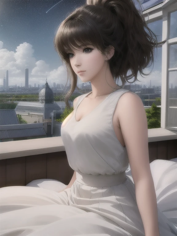 (best quality, masterpiece:1.2),ultra-detailed,realistic:1.37,anime,1girl,young girl,short girl,sci-fi,outer space,outdoor,night,starlit sky,greenhouse,huge structure,biodome,landscape,scenery,horizon,rooftop,sitting on rooftop,wind,gazing into the distance,atmospheric lighting,focus only,closed,from the side,shallow depth of field,bokeh