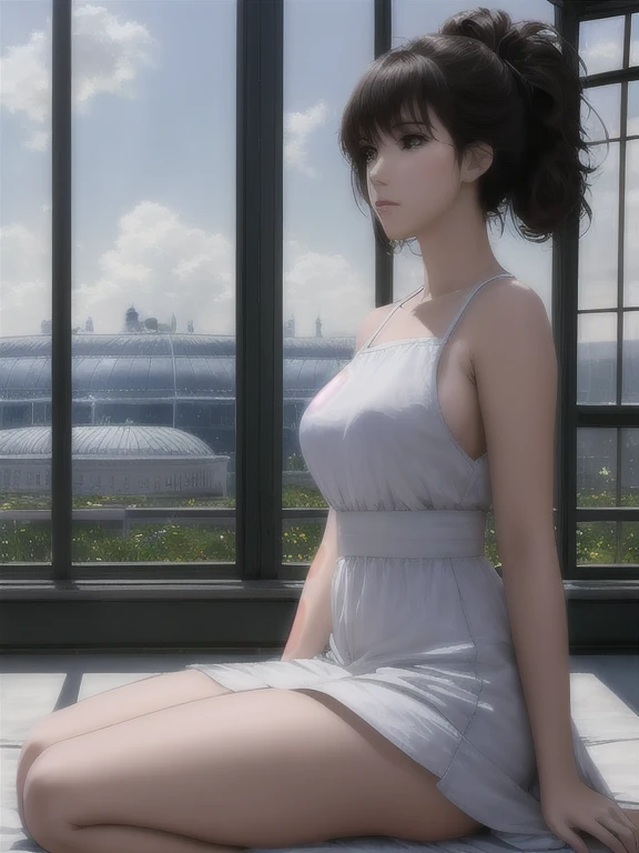 (best quality, masterpiece:1.2),ultra-detailed,realistic:1.37,anime,1girl,young girl,short girl,sci-fi,outer space,outdoor,night,starlit sky,greenhouse,huge structure,biodome,landscape,scenery,horizon,rooftop,sitting on rooftop,wind,gazing into the distance,atmospheric lighting,focus only,closed,from the side,shallow depth of field,bokeh