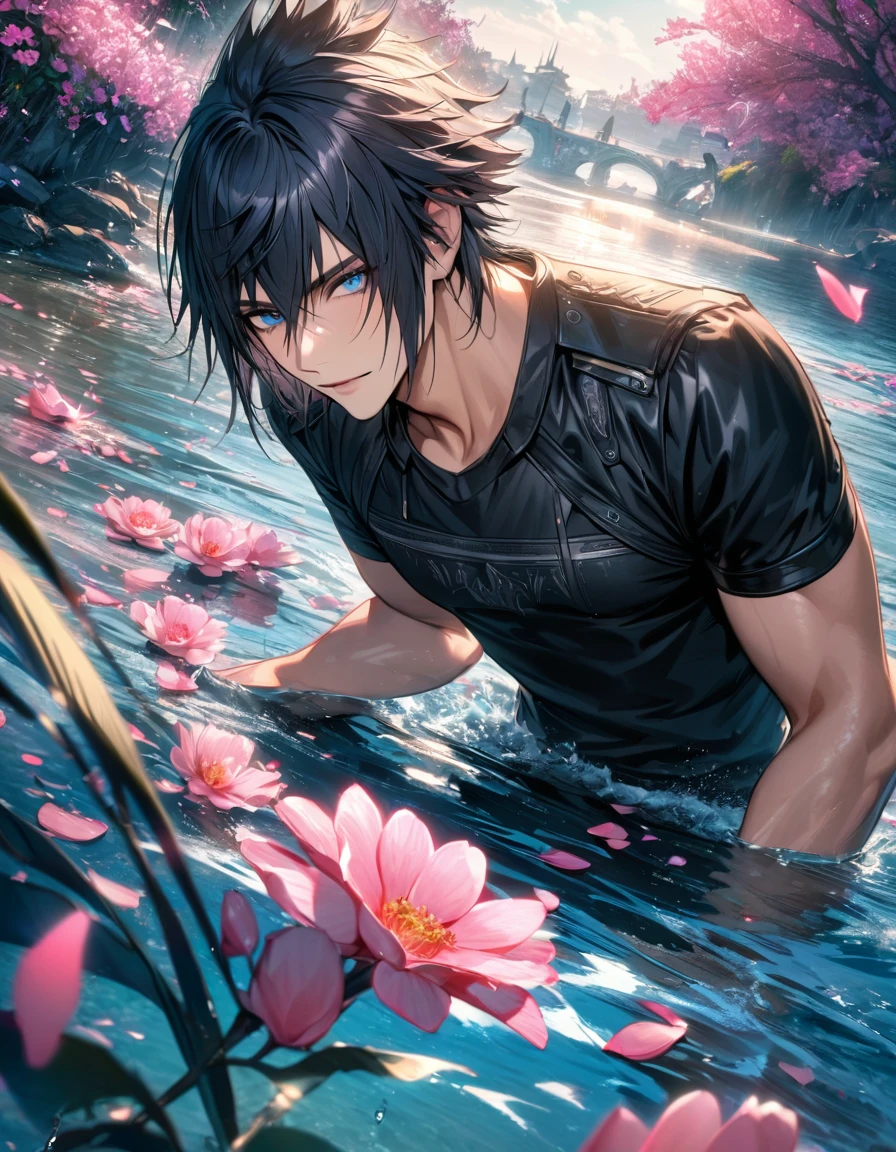 absurdres, highres, ultra detailed, HDR, master piece, best quality, Noctis Lucis Caelum, Final Fantasy xv, black hair, vibrant blue eyes, 1man, handsome, water, pink petals, pink butterflies, pink flowers