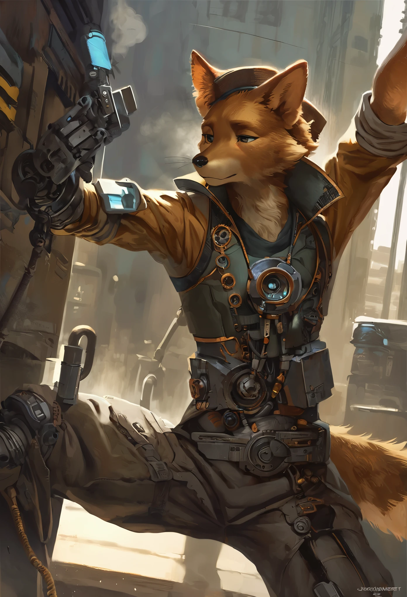 top quality, High-quality illustrations by Johannes Vermeer, masterpiece, Dark_Fantasy, Cyberpunk, steam punk(super handsome boy, single, kemono)Mechanical marvel, Robotic presence, Cybernetic guardian, wearing a worn-out mech suit, intricate(steel metal, rusty)(furry anthro:1.7)(Furry body, dog facial features, dog body features)elegant, clear focus, shot by greg rutkowski, soft lighting, vibrant colors, masterpiece((street))cowboy shot, dynamic pose,