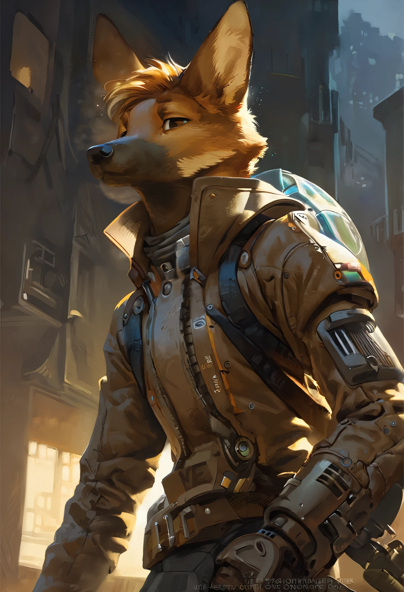 top quality, High-quality illustrations by Johannes Vermeer, masterpiece, Dark_Fantasy, Cyberpunk, steam punk(super handsome boy, single, kemono)Mechanical marvel, Robotic presence, Cybernetic guardian, wearing a worn-out mech suit, intricate(steel metal, rusty)(furry anthro:1.7)(Furry body, dog facial features, dog body features)elegant, clear focus, shot by greg rutkowski, soft lighting, vibrant colors, masterpiece((street))cowboy shot, dynamic pose,