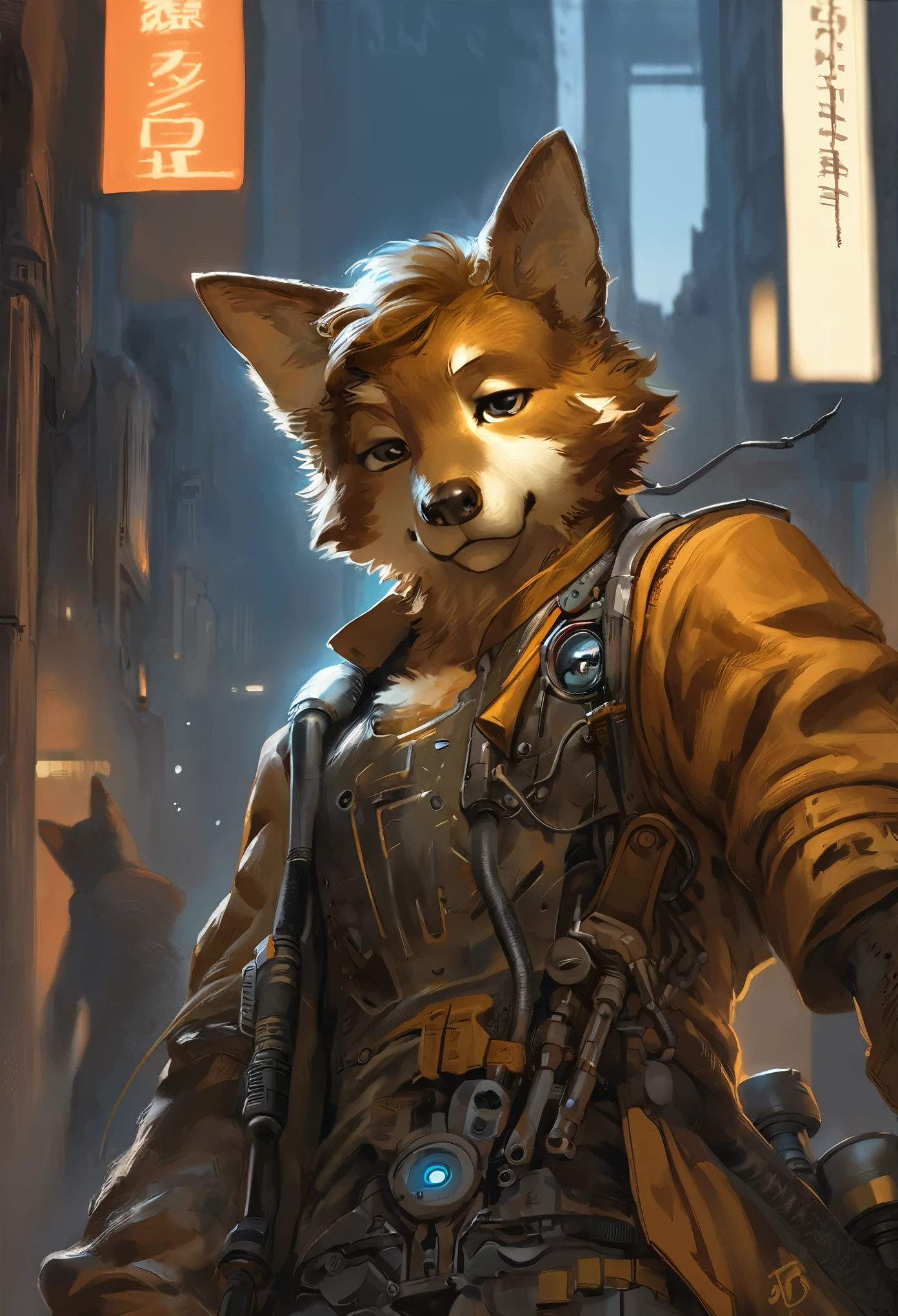 top quality, High-quality illustrations by Johannes Vermeer, masterpiece, Dark_Fantasy, Cyberpunk, steam punk(super handsome boy, single, kemono)Mechanical marvel, Robotic presence, Cybernetic guardian, wearing a worn-out mech suit, intricate(steel metal, rusty)(furry anthro:1.7)(Furry body, dog facial features, dog body features)elegant, clear focus, shot by greg rutkowski, soft lighting, vibrant colors, masterpiece((street))cowboy shot, dynamic pose,