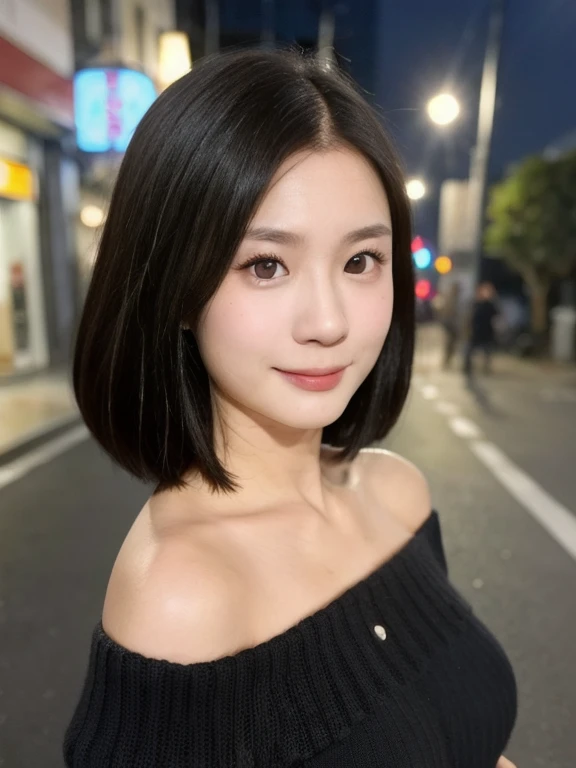(kawaii 24 year-old Japanese girl, Nogizaka idol, Korean idol), (glossy black hair, pixie cut:1.3), (rounded face, single eyelid, no makeup, soft smiling:1.2), forehead, (wearing off-shoulder knitted onepiece:1.3), (well shaped extra small breasts), (looking at viewer:1.2), BREAK, (at night street in downtown background:1.3), (dynamic angle:1.3), BREAK, (masterpiece, best quality, photo realistic, official art:1.4), (UHD, 8K quality wallpaper, high resolution, raw photo, film grain:1.2), (shiny skin), professional lighting, physically based rendering, award winning, (perfect anatomy, highly detailed skin textures, extremely detailed face and eyes, well drawn glittering pupils), Carl Zeiss 85 mm F/1.4, depth of field, 1girl, solo,