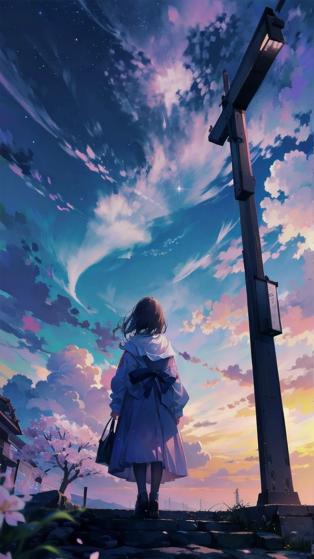 見上げるgirl シーン 1: Shadow of cherry blossoms at dusk A girl standing quietly with the sky behind her, Tinted Blue. 彼女の目の前にそびえ立つのはバベルのtowerと呼ばれる巨大な桜だ. shape, Like piercing the clouds, It'nice'Reaching the sky. girl'視線はCherry treeの頂上に向けられている.. tower, Enveloped in the darkness of the night, Creates a fantastic atmosphere. Cherry treeの表面には複雑な模様が刻まれている.. old-fashioned. girl seemed to sense something deep within the cherry blossoms.. Is it a memory of a classic story?、Or is it a longing for an unknown fantasy world??? Scene 2: Memories of the starry sky: Countless stars twinkle in the night sky、少女はtowerの頂上に立つ. At her feet, The city lights shine like jewels. girl closes her eyes and takes a deep breath. 夜風の匂いとtowerの古い匂いが混じる. girl'A famous story played out in my head.. girl read a story of adventure and friendship.。 . The main character of the story, girlのように, バベルのtowerに登りました. There, She met her friends、Overcoming various difficulties. one day、The girl had a dream。, Like the main character, I'Go on an adventure. Scene 3: 朝焼けの約束 朝日の光がtowerを照らす頃、少女はtowerを出た. Please think back, towerは朝日に輝いて神々It even seemed. 少女はいつかまたこのtowerに登ると決めた. And she, She vows to tell the rest of the story. step by step, girl walked into the future,Cherry tree,Scattering cherry blossoms