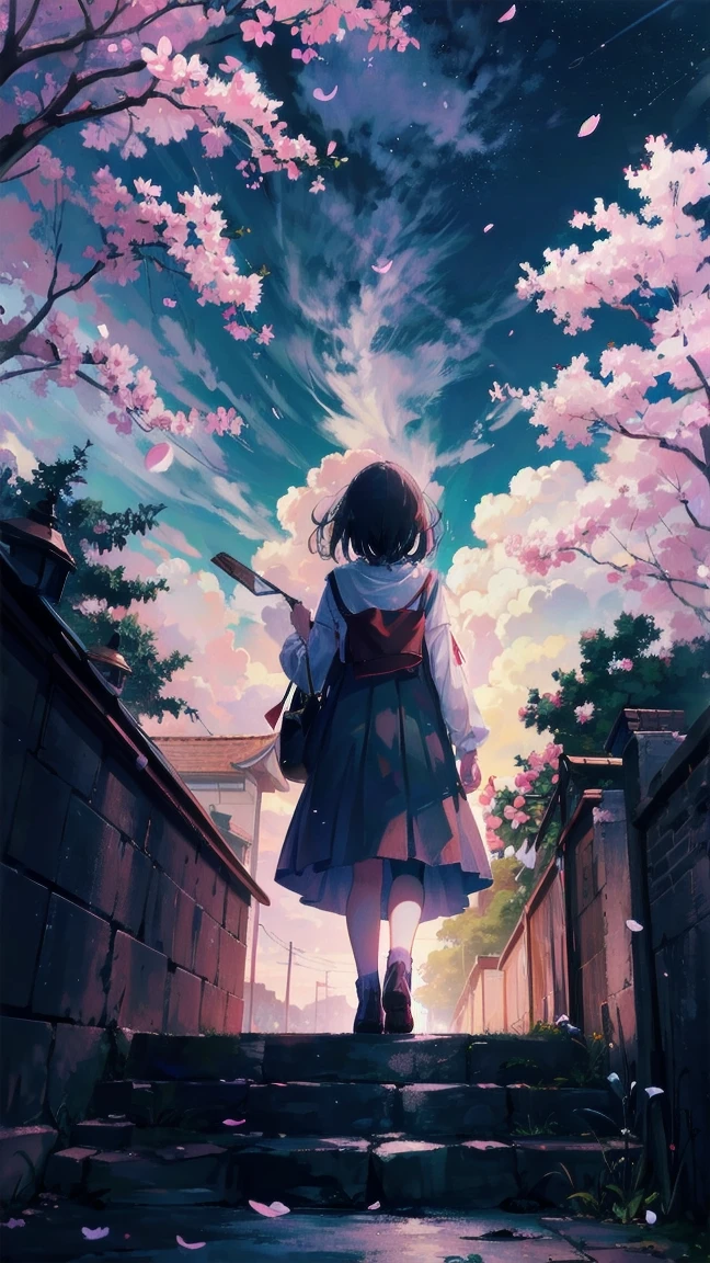 見上げるgirl シーン 1: Shadow of cherry blossoms at dusk A girl standing quietly with the sky behind her, Tinted Blue. 彼女の目の前にそびえ立つのはバベルのtowerと呼ばれる巨大な桜だ. shape, Like piercing the clouds, It'nice'Reaching the sky. girl'視線はCherry treeの頂上に向けられている.. tower, Enveloped in the darkness of the night, Creates a fantastic atmosphere. Cherry treeの表面には複雑な模様が刻まれている.. old-fashioned. girl seemed to sense something deep within the cherry blossoms.. Is it a memory of a classic story?、Or is it a longing for an unknown fantasy world??? Scene 2: Memories of the starry sky: Countless stars twinkle in the night sky、少女はtowerの頂上に立つ. At her feet, The city lights shine like jewels. girl closes her eyes and takes a deep breath. 夜風の匂いとtowerの古い匂いが混じる. girl'A famous story played out in my head.. girl read a story of adventure and friendship.。 . The main character of the story, girlのように, バベルのtowerに登りました. There, She met her friends、Overcoming various difficulties. one day、The girl had a dream。, Like the main character, I'Go on an adventure. Scene 3: 朝焼けの約束 朝日の光がtowerを照らす頃、少女はtowerを出た. Please think back, towerは朝日に輝いて神々It even seemed. 少女はいつかまたこのtowerに登ると決めた. And she, She vows to tell the rest of the story. step by step, girl walked into the future,Cherry tree,Scattering cherry blossoms