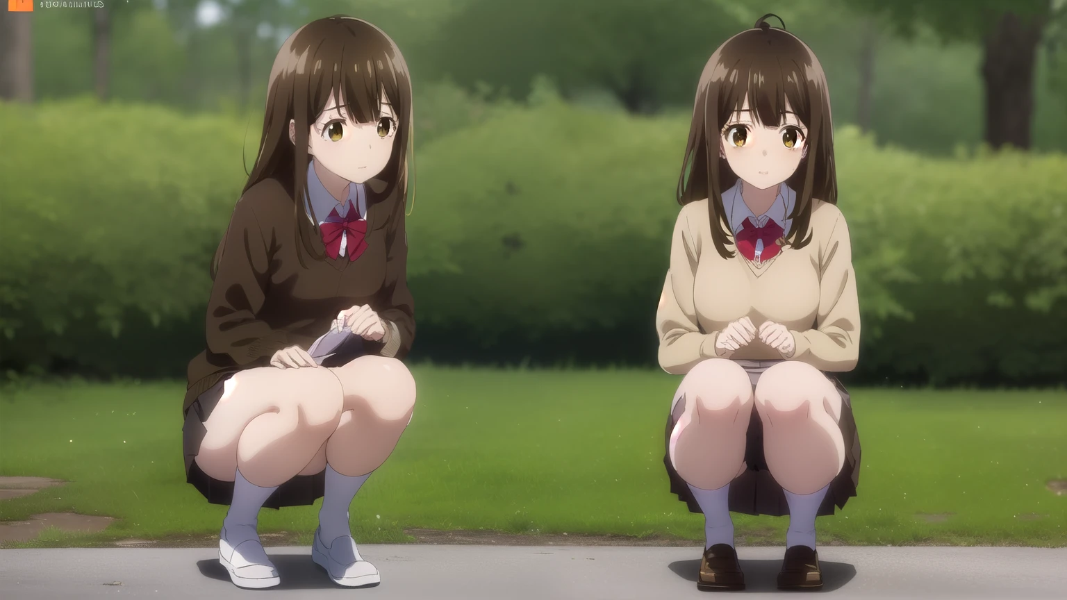 sayuogiwara, Sayu Ogiwara, brown hair, (brown eyes:1.5), medium hair,
break , bow, red bow, long sleeve, sweater, shirt, collared shirt, white shirt, skirt, pleated skirt, black skirt, socks, brown sweater,
break looking at viewer, whole body,
break{Japanese high school girl uniform},{{in the forest}},{{{{whole body}}}},(((genital hair))), NSFW, (((pubic hair))),(smile)、(Toe-to-toe)、squat、Pee,(((pubic hair))),(smile)、{{{Toe-to-toe}}}、squat、Pee、Take off your pants,ミニskirt、股間見えてる
break (masterpiece:1.2), highest quality, High resolution, unity 8k wallpaper, (shape:0.8), (beautiful and detailed eyes:1.6), highly detailed face, perfect lighting, Very detailed CG, (perfect hands, perfect anatomy),