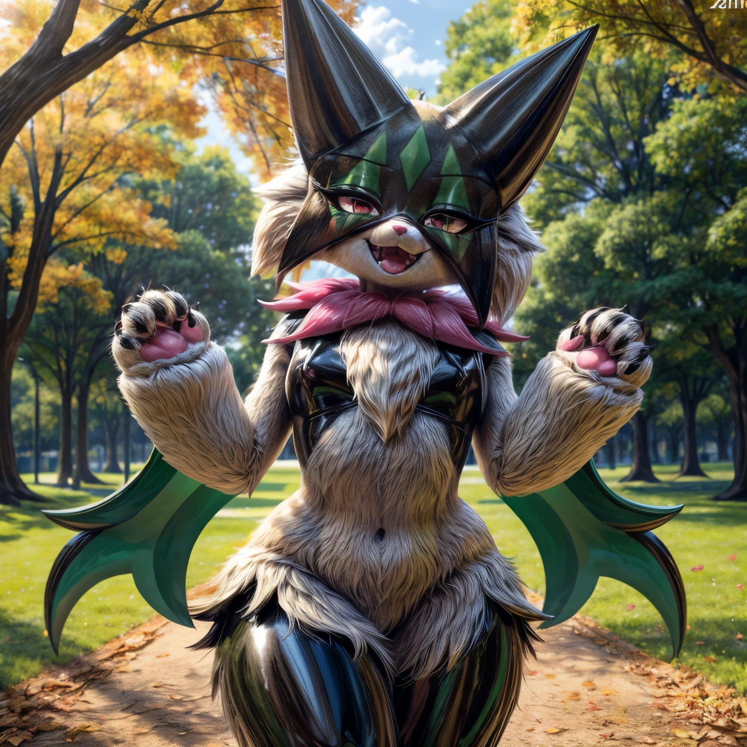 (ultra detailed), a beautiful and detailed full body photo of a very realistic kawaii Meowscarada fursuit. The Meowscarada fursuit is made of glossy latex that gives it a shiny appearance, perfectly complementing the adorable smile on its face. The photo is taken outdoors by a park, where the cute Meowscarada strikes a pose that captures its playful and joyful nature. The fursuit has large limbs, which are intricately crafted with an incredible attention to detail.