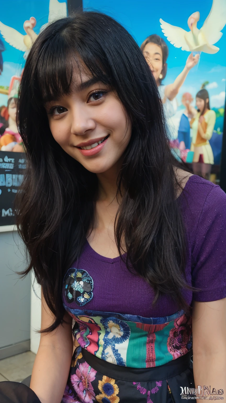 a close up of a woman with long black hair smiling, with lovely look, real ungine, slight cute smile, unreal ungine 5, lily frank, with bangs, with a beautifull smile, dora the explorer as real girl, serena malyon, gita gutawa, pretty smile, beutiful, inspired by Rudy Siswanto