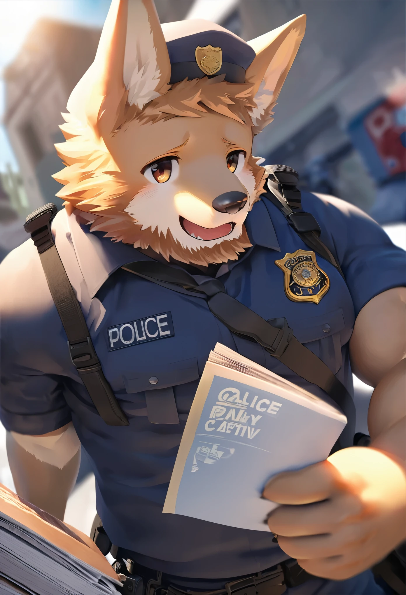 top quality, best quality, super high resolution, detailed background, magazine cover(highly detailed beautiful face and eyes)absurdres, perfect anatomy((angelic nice 1boy, kemono, solo focus, muscle man, beard))(((furry)))(furry anthro:1.7)((((Furry body, dog facial features, dog body features))))((very detailed body fur))full body(dignified)police officer, SWAT, street, muscle, facial hair, volumetric lighting, depth of field, gasping for air, raised crotch, black clothes, ((black police uniform)) shirt,