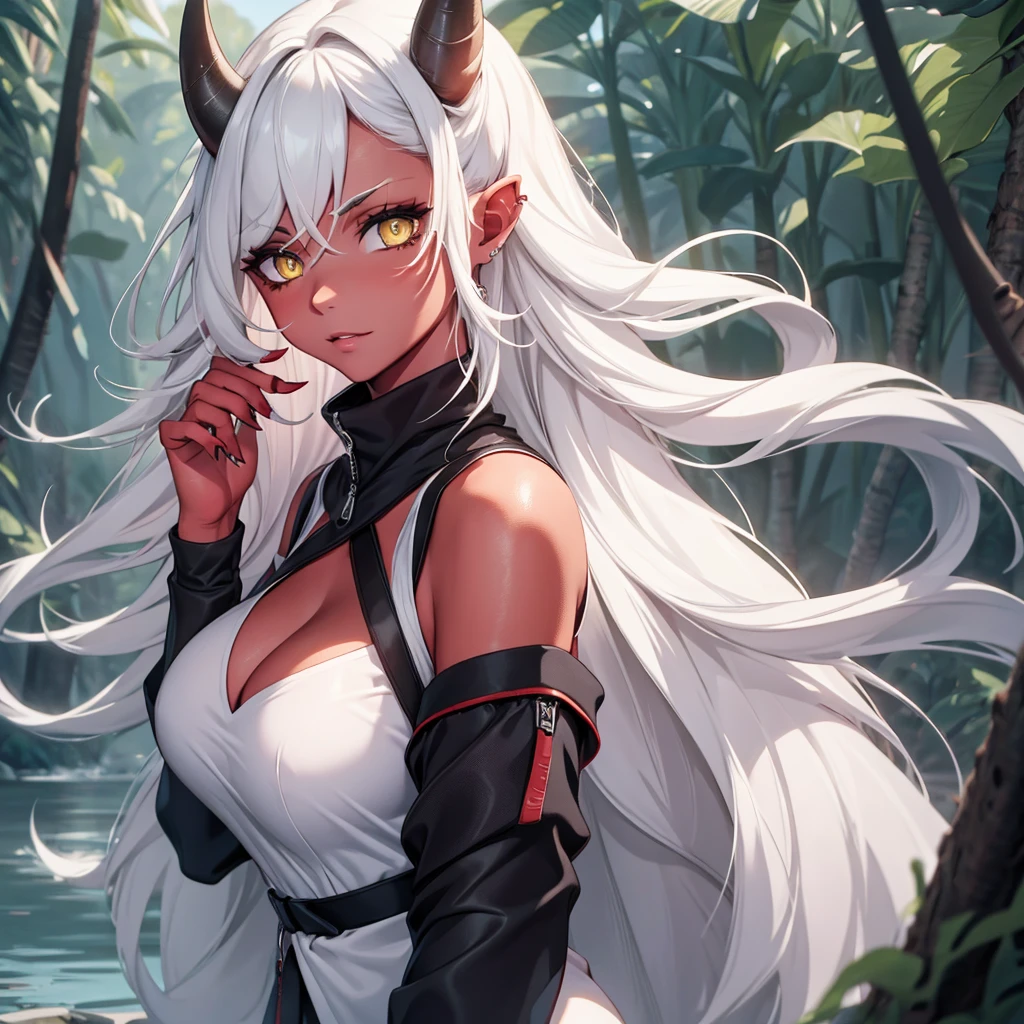 (best quality,4k,8k,highres,masterpiece:1.2), extremely detailed face and eyes, sensual pose, seductive expression, adult woman with long white hair, piercing yellow eyes, removing clothes, alluring gaze, red skin, red horn, smooth skin, soft lighting, vibrant colors