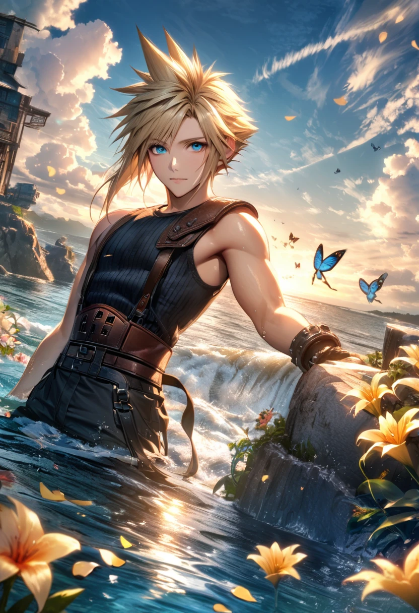 Ultra detailed, highres, absurdres, HDR, Cloud Strife, blue eyes, blonde hair, 1 man only, Final Fantasy VII Remake, handsome, water, flowers and petals, feathers, summer, butterflies,