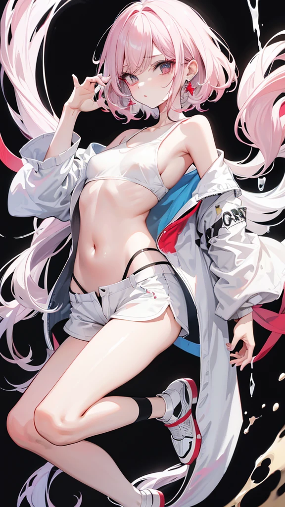 high resolution、high quality、full body figure、black eyes、short hair、mullet hairstyle girl、asymmetrical bangs、Light cream pink hair、messy hair、wavy hair、white oversized t-shirt、shorts、slender body、low length、dark makeup、Highlighted red eyeshadow、Bright, dark eyeliner、Enhanced long eyelashes、droopy eyes、black eyes、Weakened eyes、slender、small breasts、delicate body、earrings、red lip、