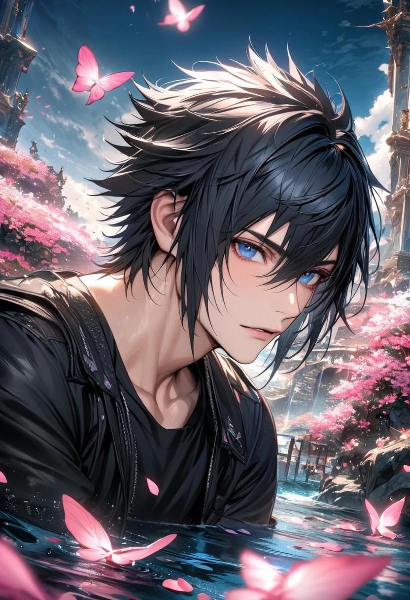 absurdres, highres, ultra detailed, HDR, master piece, best quality, Noctis Lucis Caelum, Final Fantasy xv, black hair, vibrant blue eyes, black jacket, black T-shirt, 1man, handsome, water, pink petals, pink butterflies, pink flowers