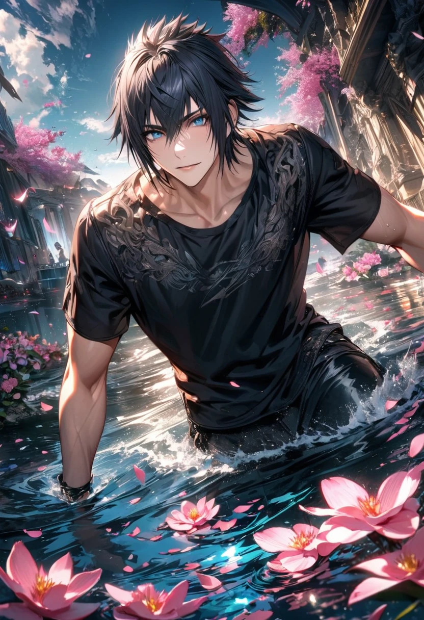 absurdres, highres, ultra detailed, HDR, master piece, best quality, Noctis Lucis Caelum, Final Fantasy xv, black hair, vibrant blue eyes, black jacket, black T-shirt, 1man, handsome, water, pink petals, pink butterflies, pink flowers