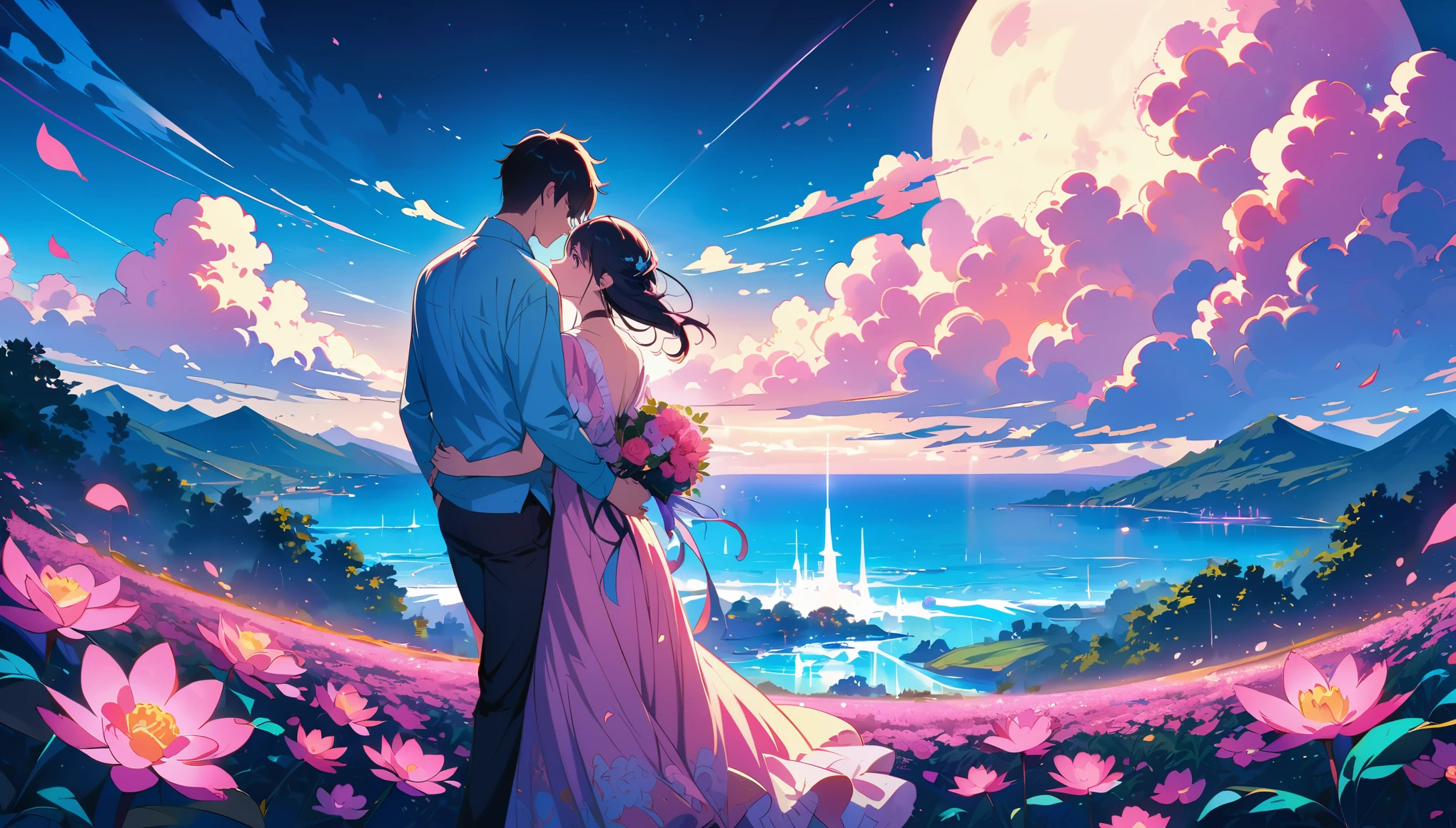 A couple sits on the edge of an endless sea made entirely of pink lotus flowers, with their backs to each other and facing away. The bright moon shines before them, creating a romantic atmosphere. This is illustrated in the style of anime art with a touch of illustration. It features vibrant colors and a night scene, with neon lights shining through the petals. One hand holds a bouquet of roses, while another person holds hands with their lover, focusing on their face.ray tracing,{best quality}, {{masterpiece}}, {highres}, original, extremely detailed 8K wallpaper, {an extremely delicate and beautiful},,incredibly_absurdres,colorful,intricate detail,artbook,
