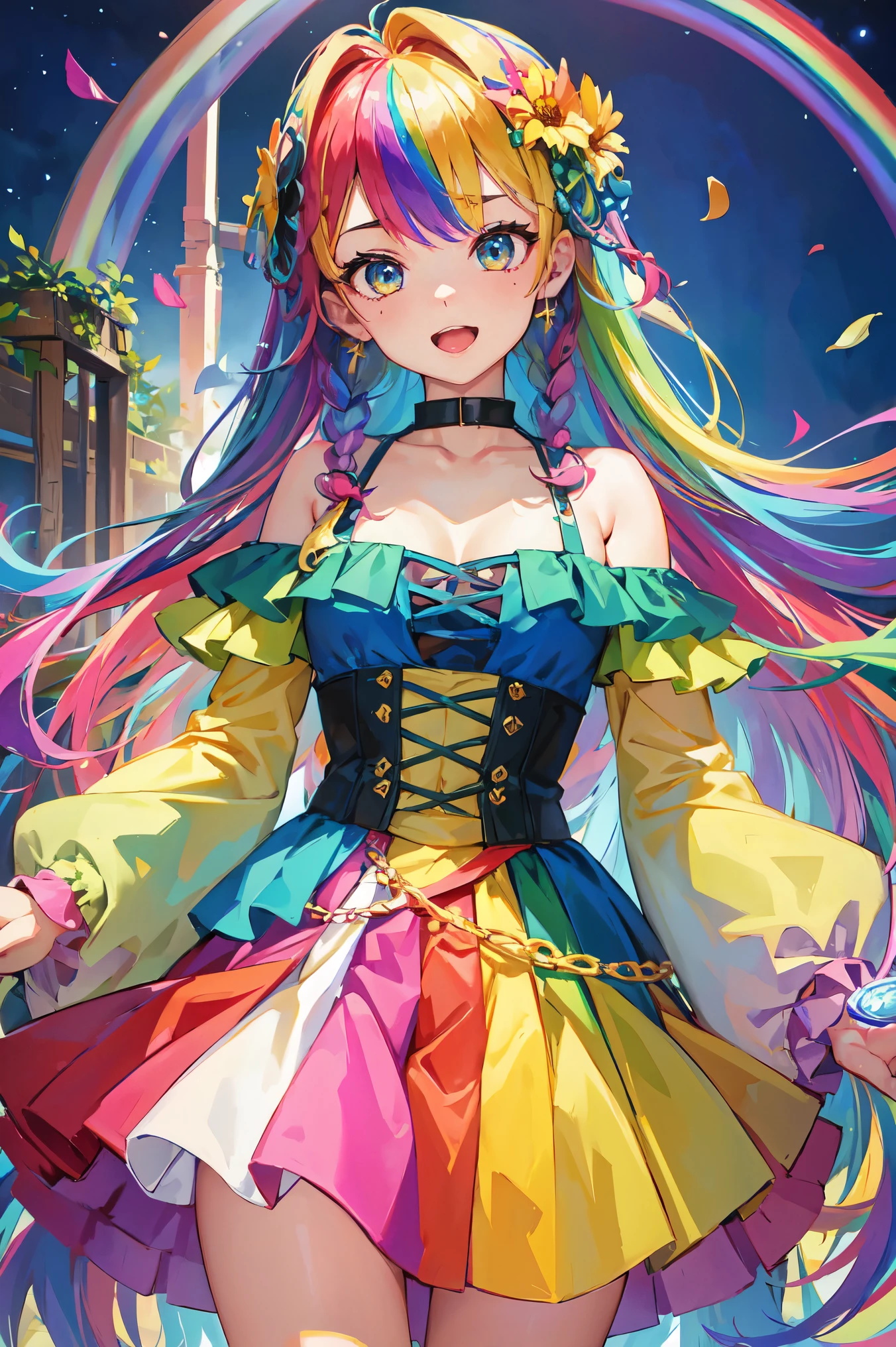 (In 8K, highest quality, pieces fly:1.2)、ultra high resolution,1 female 、super detailed face,fine eyes,open your mouth,laughter,((rainbow hair)),asymmetrical bangs,twin braids,break,((flower dress)),one piece、off shoulder、beautiful breasts、ruffle skirt,break,(rainbow light:1.4),botanical garden