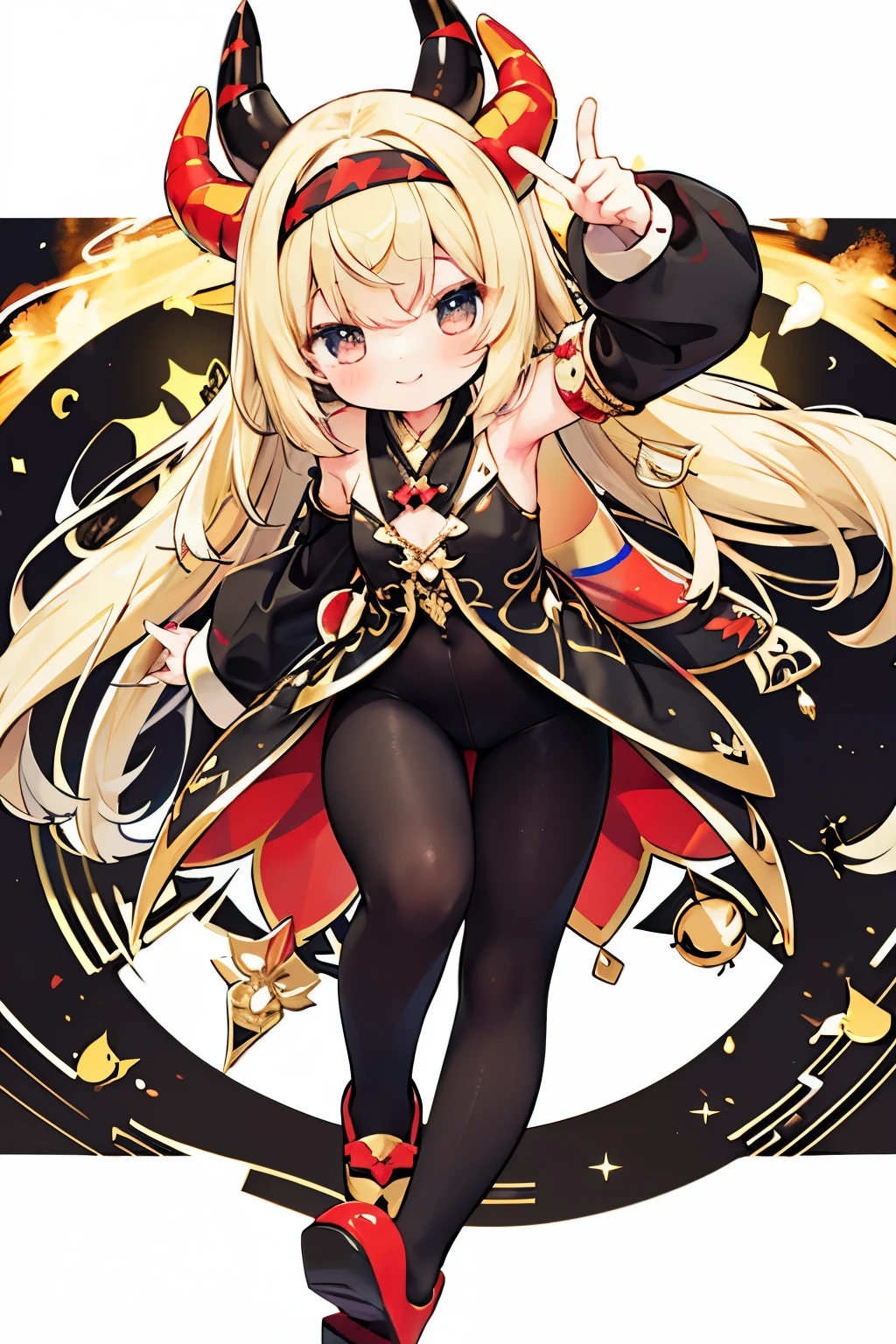 A girl with impressive blonde hair、hair ornaments、black pantyhose、No sleeve、smile、Cute shoes with accessories、Red horn headband、dynamic pose