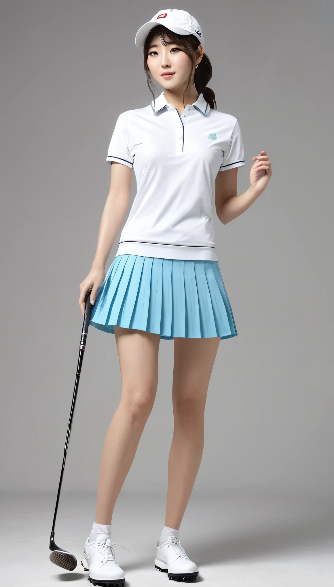 Beautiful Japanese woman in golf wear、real person:1.6、detailed body:1.2、squat:1.3、live-action:1.1、Skirt is beautiful:1.6、OL:1.4 Detailed Description: A stunningly beautiful Japanese woman in golf wear、このlive-action映像に収められています。With a body full of intricate details、She has a delicate and graceful pose.。her clothes are、It consists of a calm golf shirt and a pleated golf skirt.、It accentuates her figure perfectly。The realism of the scene、