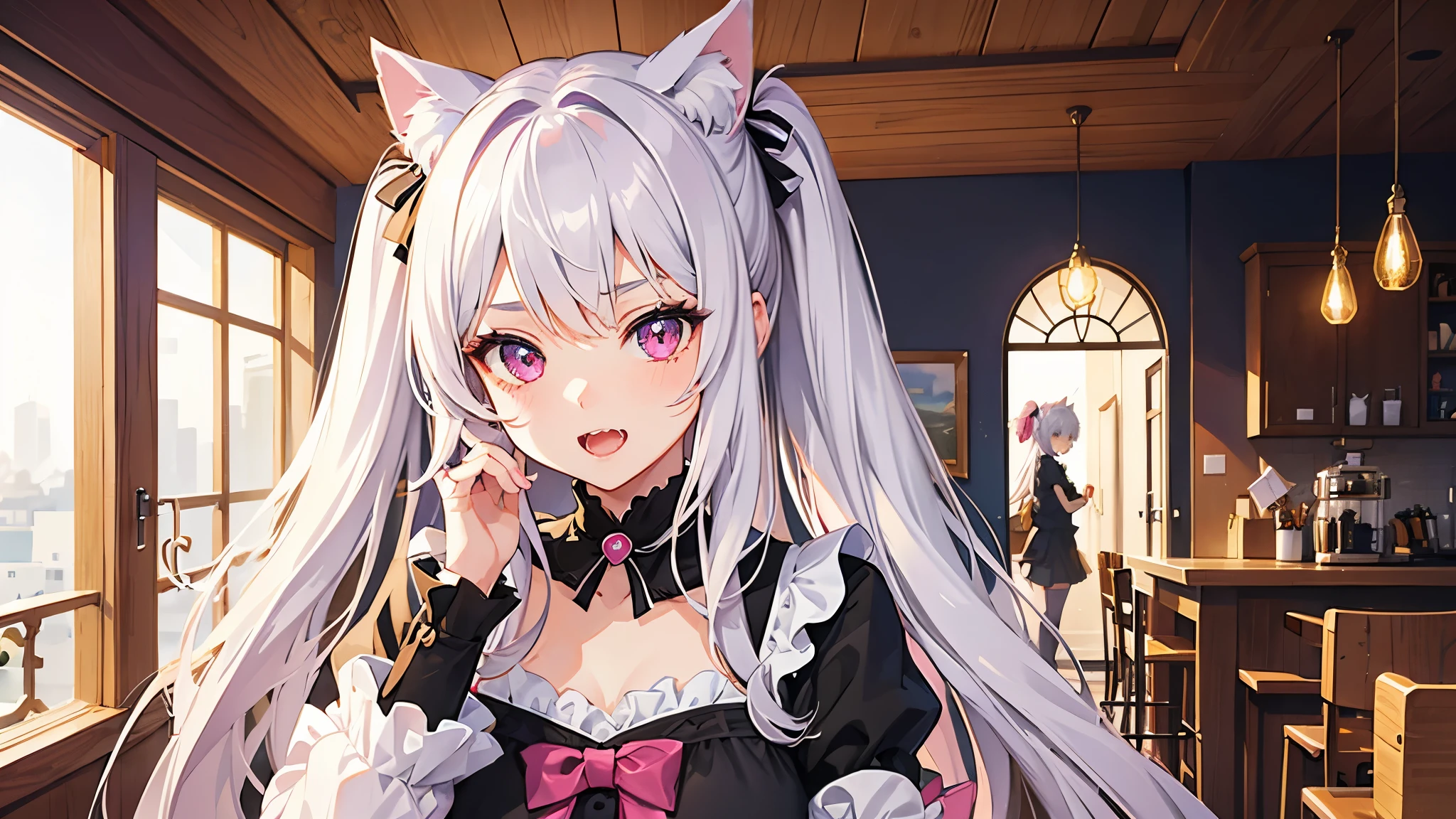 one girl, very beautiful face, beautiful eyes, detailed eyes, detailed face, detailed hair, masterpiece, anime girl, pink eyes, silver hair, , kawaii, two pony tails, very young, big , pixiv, illustration, very high quality, masterpiece, vampire teeth, fangs, pink cheeks, looks at you, cat ears, cat girl, inside cafe, cute cafe, neko, 