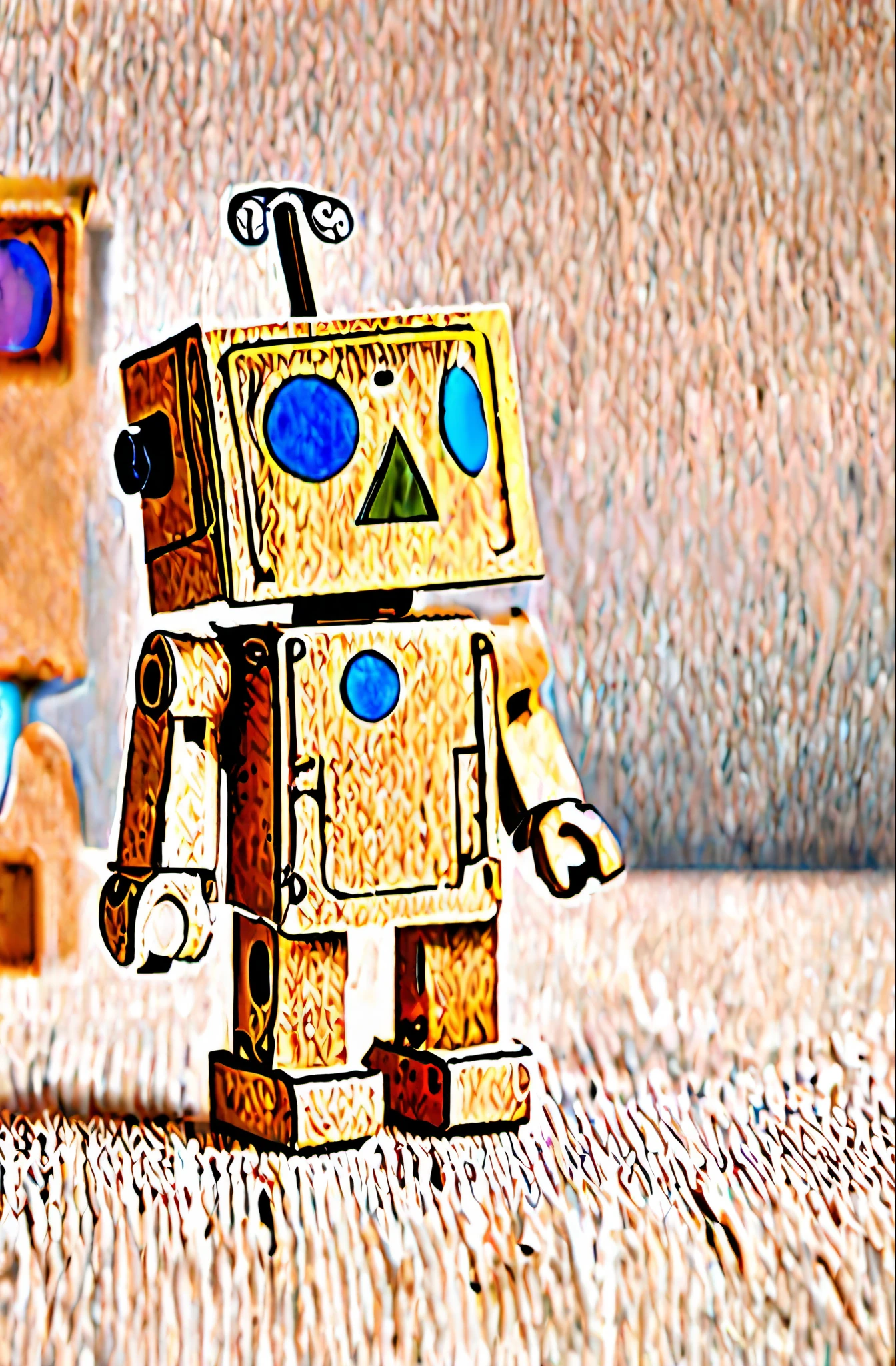 ASCIIcardboard robot toy, high quality dynamic shot of cardboard robot toy, extremely beautiful, 8k, extremely detailed, macro shot, standing among other toys, realphoto