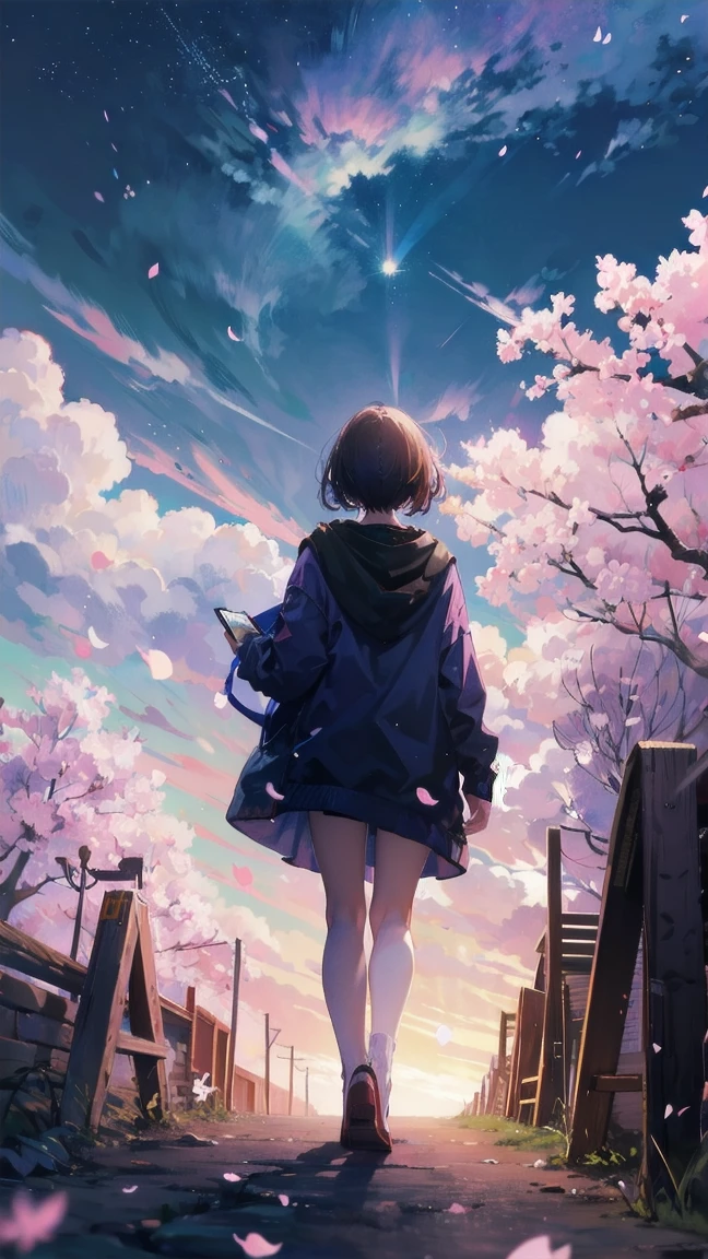 見上げるgirl シーン 1: Shadow of cherry blossoms at dusk A girl standing quietly with the sky behind her, Tinted Blue. 彼女の目の前にそびえ立つのはバベルのtowerと呼ばれる巨大な桜だ. shape, Like piercing the clouds, It&#39;nice&#39;Reaching the sky. girl&#39;視線はCherry treeの頂上に向けられている.. tower, Enveloped in the darkness of the night, Creates a fantastic atmosphere. Cherry treeの表面には複雑な模様が刻まれている.. old-fashioned. girl seemed to sense something deep within the cherry blossoms.. Is it a memory of a classic story?、Or is it a longing for an unknown fantasy world??? Scene 2: Memories of the starry sky: Countless stars twinkle in the night sky、少女はtowerの頂上に立つ. At her feet, The city lights shine like jewels. girl ,takes a deep breath. 夜風の匂いとtowerの古い匂いが混じる. girl&#39;A famous story played out in my head.. girl read a story of adventure and friendship.。 . The main character of the story, girlのように, バベルのtowerに登りました. There, She met her friends、Overcoming various difficulties. one day、The girl had a dream。, Like the main character, I&#39;Go on an adventure. Scene 3: 朝焼けの約束 朝日の光がtowerを照らす頃、少女はtowerを出た. Please think back, towerは朝日に輝いて神々It even seemed. 少女はいつかまたこのtowerに登ると決めた. And she, She vows to tell the rest of the story. step by step, girl walked into the future,Cherry tree,Scattering cherry blossoms,turn to the side,looking at me,Many sparkling meteors
