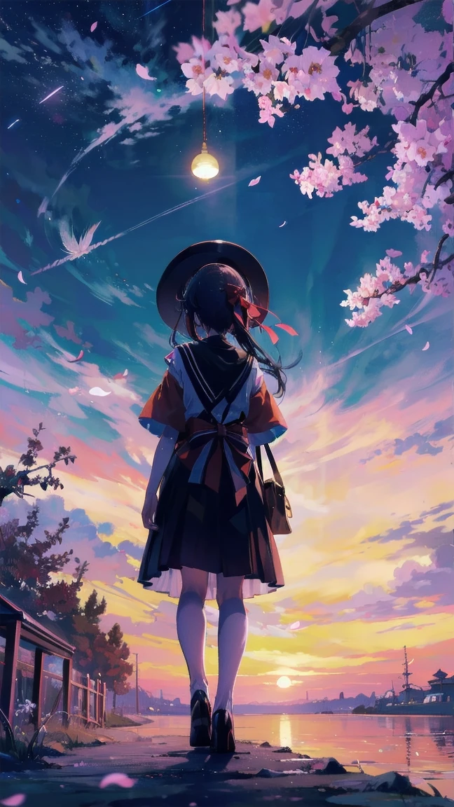 見上げるgirl シーン 1: Shadow of cherry blossoms at dusk A girl standing quietly with the sky behind her, Tinted Blue. 彼女の目の前にそびえ立つのはバベルのtowerと呼ばれる巨大な桜だ. shape, Like piercing the clouds, It'nice'Reaching the sky. girl'視線はCherry treeの頂上に向けられている.. tower, Enveloped in the darkness of the night, Creates a fantastic atmosphere. Cherry treeの表面には複雑な模様が刻まれている.. old-fashioned. girl seemed to sense something deep within the cherry blossoms.. Is it a memory of a classic story?、Or is it a longing for an unknown fantasy world??? Scene 2: Memories of the starry sky: Countless stars twinkle in the night sky、少女はtowerの頂上に立つ. At her feet, The city lights shine like jewels. girl ,takes a deep breath. 夜風の匂いとtowerの古い匂いが混じる. girl'A famous story played out in my head.. girl read a story of adventure and friendship.。 . The main character of the story, girlのように, バベルのtowerに登りました. There, She met her friends、Overcoming various difficulties. one day、The girl had a dream。, Like the main character, I'Go on an adventure. Scene 3: 朝焼けの約束 朝日の光がtowerを照らす頃、少女はtowerを出た. Please think back, towerは朝日に輝いて神々It even seemed. 少女はいつかまたこのtowerに登ると決めた. And she, She vows to tell the rest of the story. step by step, girl walked into the future,Cherry tree,Scattering cherry blossoms,turn to the side,looking at me,Many sparkling meteors