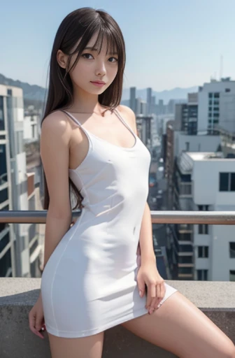 best quality, detailed, beautiful, insanely detailed, absurdres,perfect anatomy,
Japanese woman,black hair,27 years old,
(slender),
(small breasts),
street, delightful, smiling, standing, legs spread, looking at viewer, hair covering eyes, light red dress, Scanty,(Wearing white Scanty), japanese, in the city, (View from below:1.3)