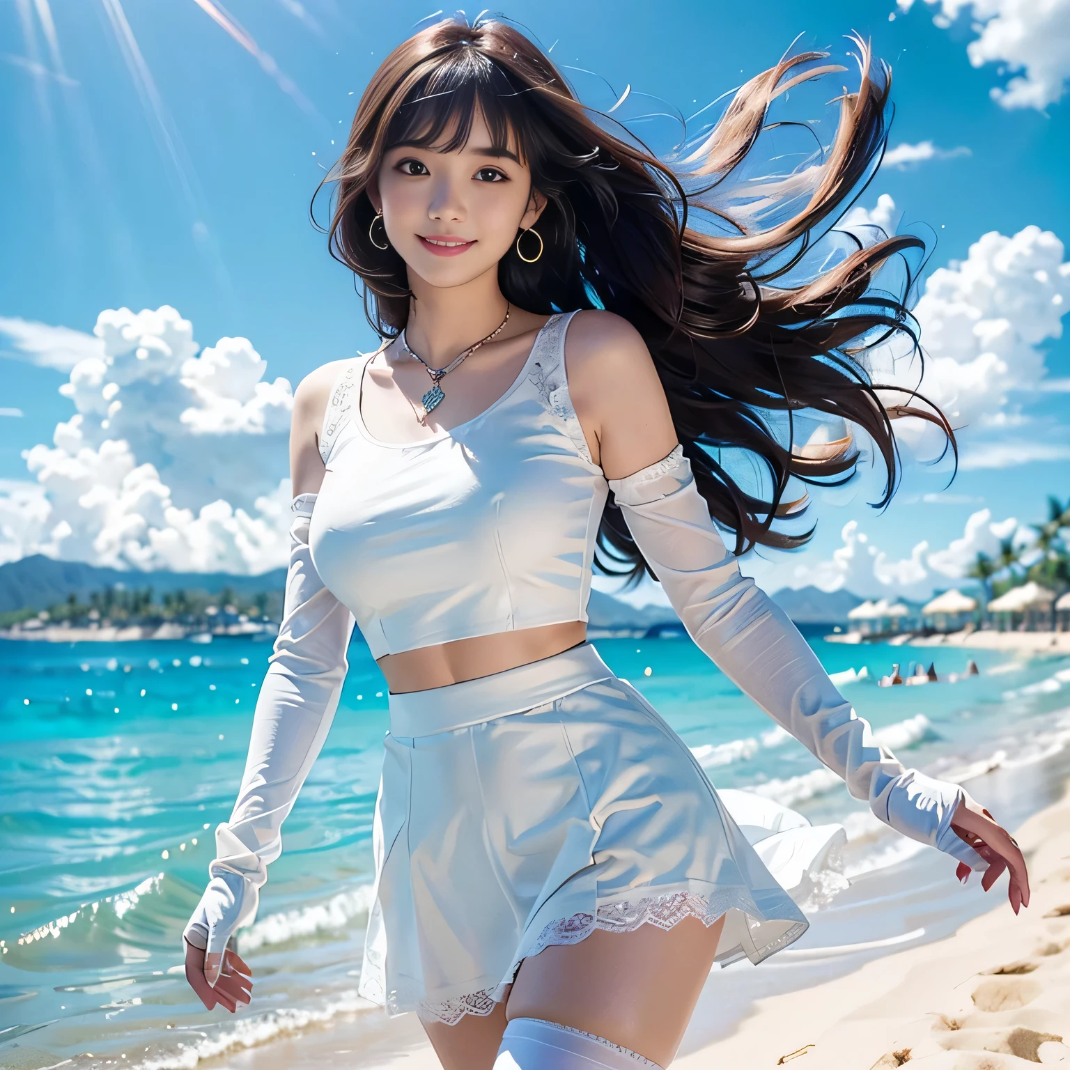 ((white shirt, beautiful skirt)),low angle,from below,((masterpiece, highest resolution,best quality)),((1girl,cute,young,semi long beautiful hair,blunt bangs,beautiful eyes)),(solo),(walking around the beach),innocent smile, white over-kneehighs,Lace chalker, wristband, fingerless gloves, over-kneehighs,
Lace chalker, diamond necklace,wristband, fingerless gloves, earrings, very windy,cinematic lighting, beach, sand, blue sky, waves, coconut tree,(looking at the viewer),innocent smile,cinematic lighting and pause,