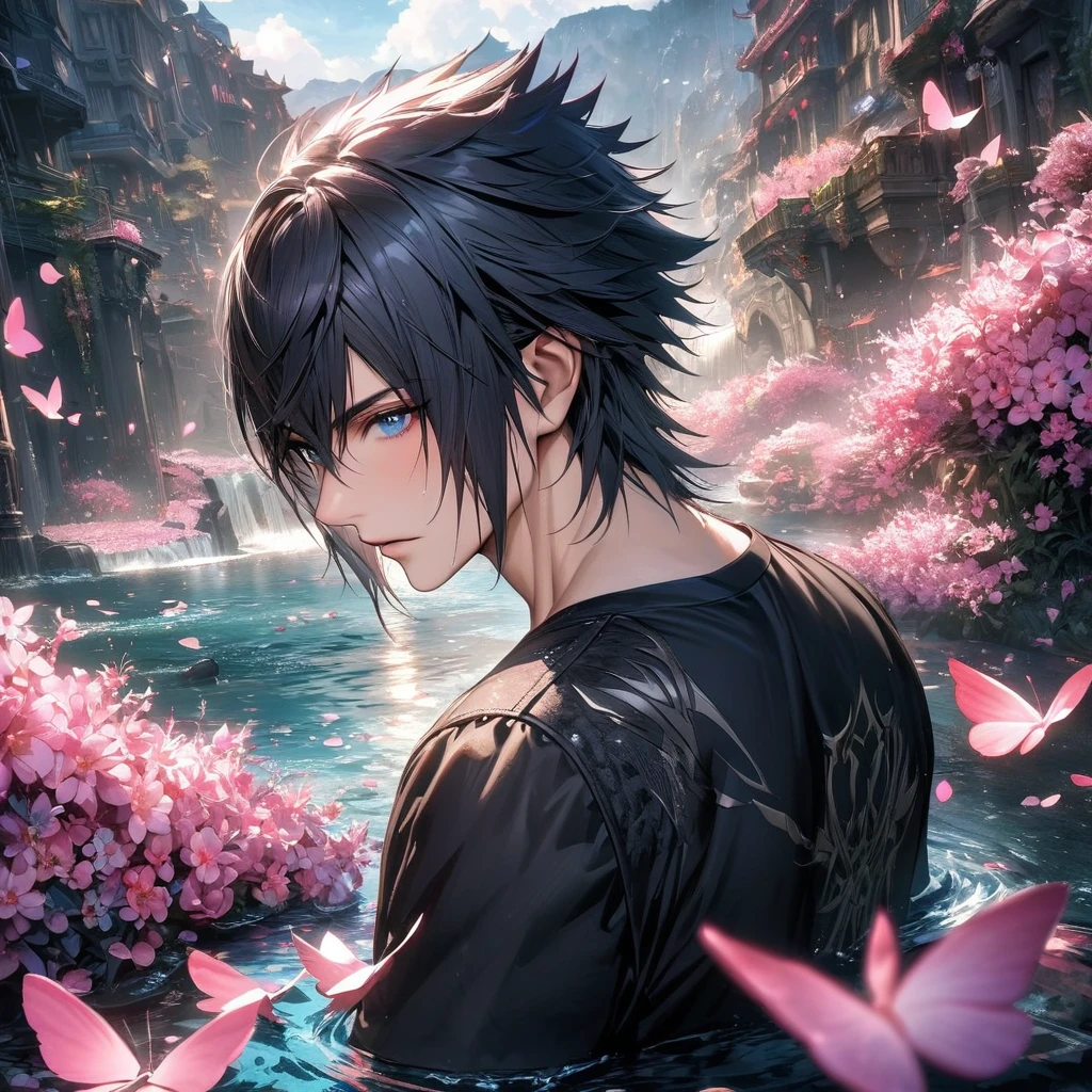 absurdres, highres, ultra detailed, HDR, master piece, best quality, Noctis Lucis Caelum, Final Fantasy xv, black hair, vibrant blue eyes, black jacket, black T-shirt, 1man, handsome, water, pink petals, pink butterflies, pink flowers