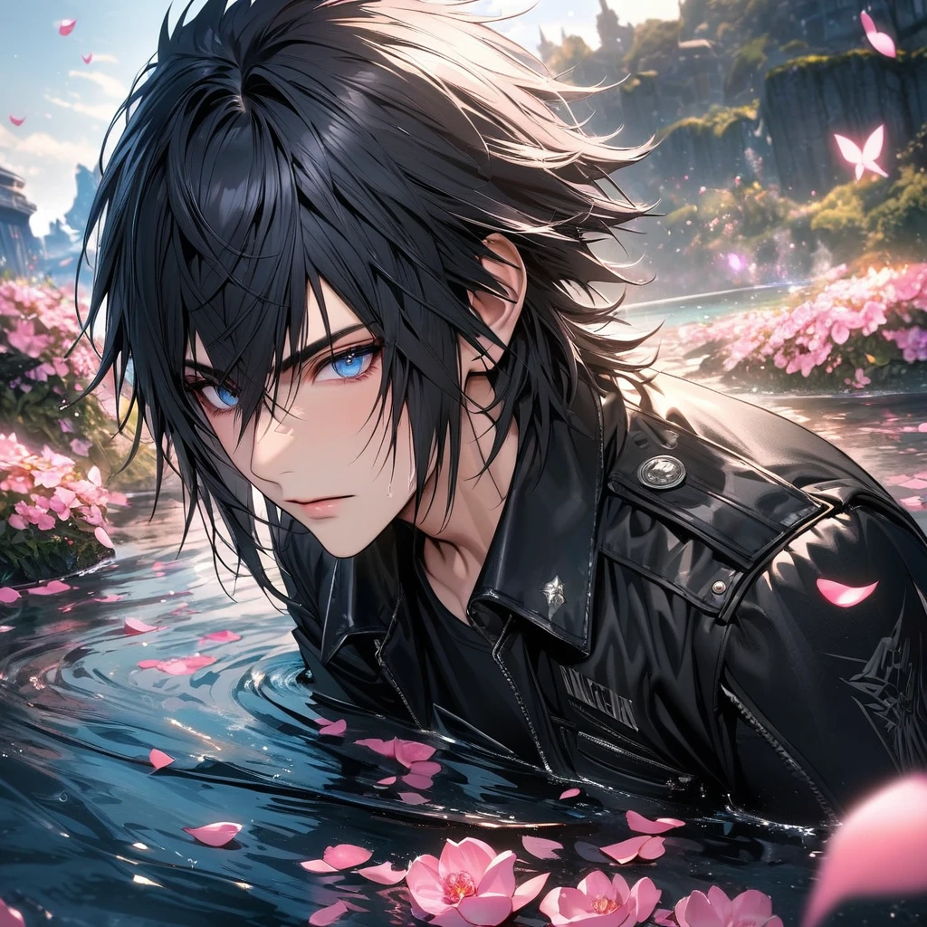 absurdres, highres, ultra detailed, HDR, master piece, best quality, Noctis Lucis Caelum, Final Fantasy xv, black hair, vibrant blue eyes, black jacket, black T-shirt, 1man, handsome, water, pink petals, pink butterflies, pink flowers