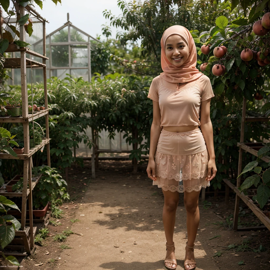 Realistic photo depicting 1 Indonesian girl in hijab, villager, poor girl, 52 years old, wearing peach color hijab jilbab, wearing see-through peach color lace camisole, wearing very short see-through peach color lace skirt, smiling, tiny and skinny body, short body, long straight hair, standing alone in fruit greenhouse, facing the camera, full body, making it very realistic and detail