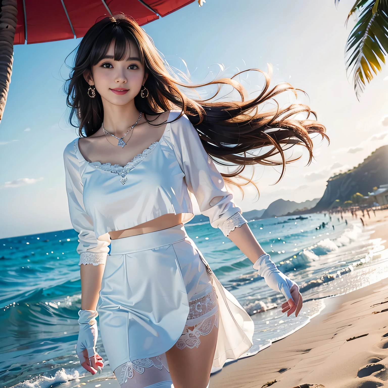 ((white shirt, beautiful skirt)),low angle,from below,((masterpiece, highest resolution,best quality)),((1girl,cute,young,semi long beautiful hair,blunt bangs,beautiful eyes)),(solo),(walking around the beach),innocent smile, white over-kneehighs,Lace chalker, wristband, fingerless gloves, over-kneehighs,
Lace chalker, diamond necklace,wristband, fingerless gloves, earrings, very windy,cinematic lighting, beach, sand, blue sky, waves, coconut tree,(looking at the viewer),innocent smile,cinematic lighting and pause,