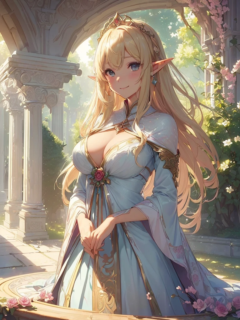 highest quality、Highest image quality、masterpiece、beautiful face、、Titania、Super beautiful elf beauty((22 years old OL big bust、bust 90,beautiful long ironed hair、blonde、Height: 165cm。slender、sexy、Esbian、beautiful tiara、night、High quality、美しいart、Beautiful bed、canopy、Canopy、muste piece、ビジュアルart、Depth of the bounds written、、elf ears、、Lightのmagic、universe、A happy smile、穏やかなLight、Elven Forest、cherry blossoms、、elegant、ticker beautiful decorative、marble columns、fresco、Mosaic floor、mystical rosa、Rose、flower瓶magicのflower、flowerを作るmagic、Light、 the sky、beautiful dressy、beautiful dress、table、myth、ART、Lord of the Ring、sexy、friendly smile、Fantastic、cherry blossoms、舞い散るflowerびら、cherry blossomsのflower、universeのmagic、magicのLight、fantasy、flower、super REALITYたくさんのRose、magic、Interior decoration、Many tapestries、Grow fantasy、、mysteryのLight、byzantine、renaissance、Art nouveau、alphonse Mucha、、art、art,mystery,UHD,magicalgentle light,sexy、