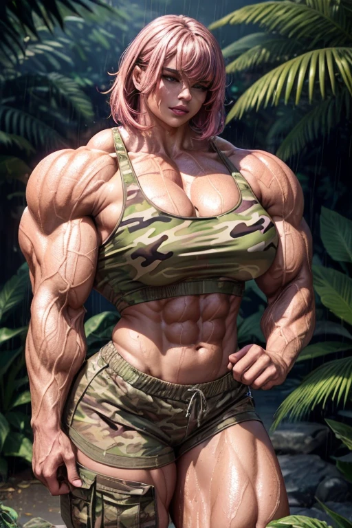 (((((Massive tall, beautiful, buff, wet, light brown skinned, muscular woman with wet shocking pink hair, black lipstick, ginormous bulky muscles and wearing a pink camouflage tank top with pink camouflage safari shorts))))), (close view), (black eyeliner), massive muscle, massive biceps, hyper muscle triceps, (angled bob cut covering eye), red eyes, black high heels boots, (in a dark heavy rainy jungle), nighttime, showing a sexy smile, (hyper muscles arms), hyper muscle legs, (massive arms)