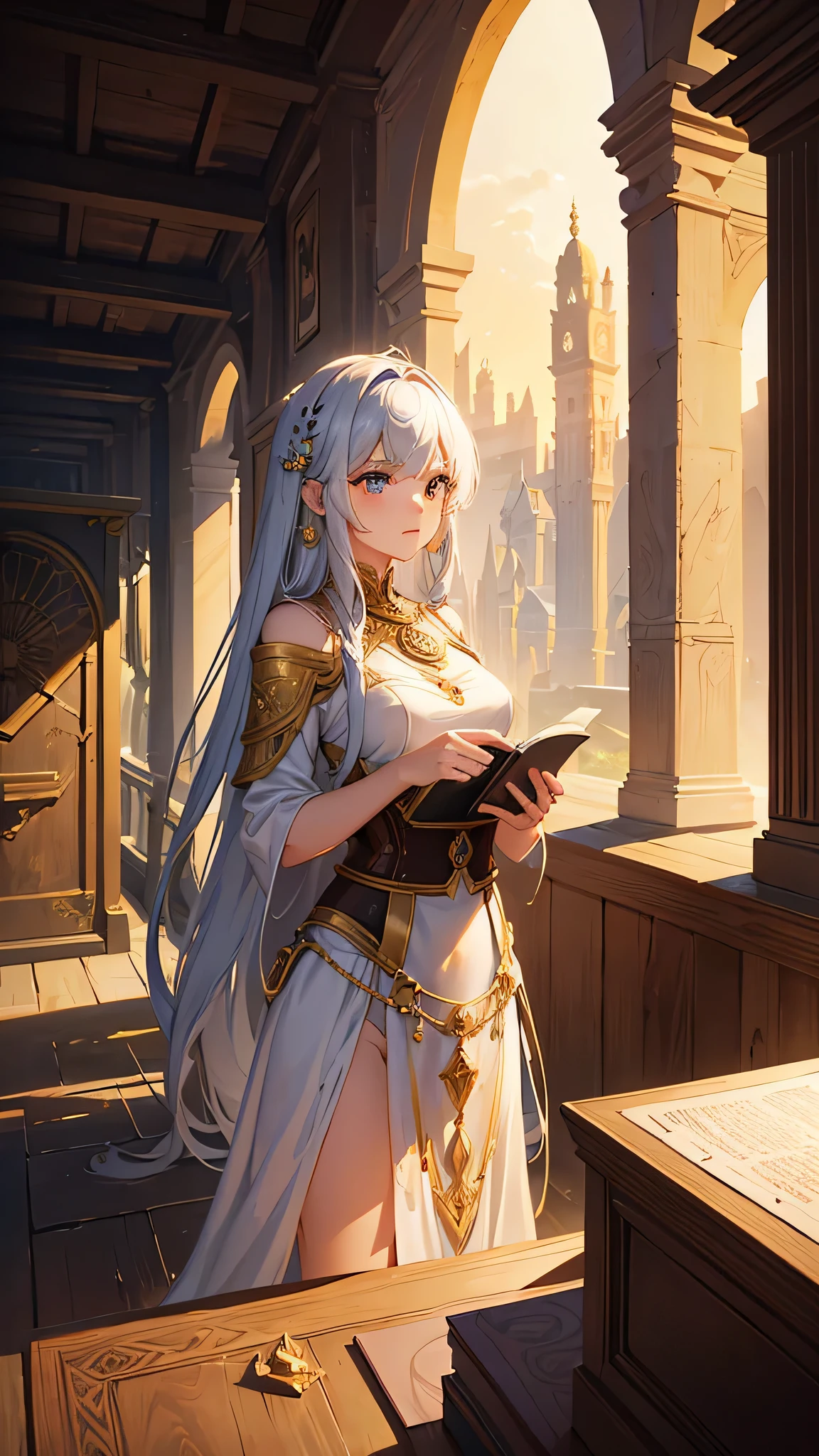 Envision an 8k resolution masterpiece with ultra-detailed depiction, showcasing a young and beautiful female archaeologist, an intrepid adventurer delving into the mysteries of ancient civilizations. With a map and ancient scrolls clutched in her hands, she stands at the precipice of a recently discovered ruin, the entrance adorned with forgotten symbols and intricate carvings that whisper of ages past.Bathed in the golden light of the setting sun, which accentuates the fine details of her surroundings and casts a radiant glow on her determined yet awe-inspired face, she embodies both the vigor of youth and the wisdom of a seasoned explorer. Her attire, practical for excavation yet subtly adorned with motifs echoing the ancient cultures she unveils, blends seamlessly with the adventurous essence of her quest.Behind her, the vast excavation site stretches out, revealing the remnants of what was once a grand civilization, with each unearthed structure inviting further exploration. The depth of the scene is captured in every detail, from the delicate script on the scrolls to the softly eroded hieroglyphs that hint at long-lost secrets awaiting her keen eye.Her expression, a mix of fierce determination and wide-eyed wonder, reflects the profound significance of her discoveries and the relentless curiosity that propels her into the heart of the unknown. This illustration, rendered in hyper-realistic detail, not only celebrates the thrill of discovery but also highlights the enduring allure of the past, all through the lens of a young woman poised to unlock the time-worn mysteries of ancient worlds.