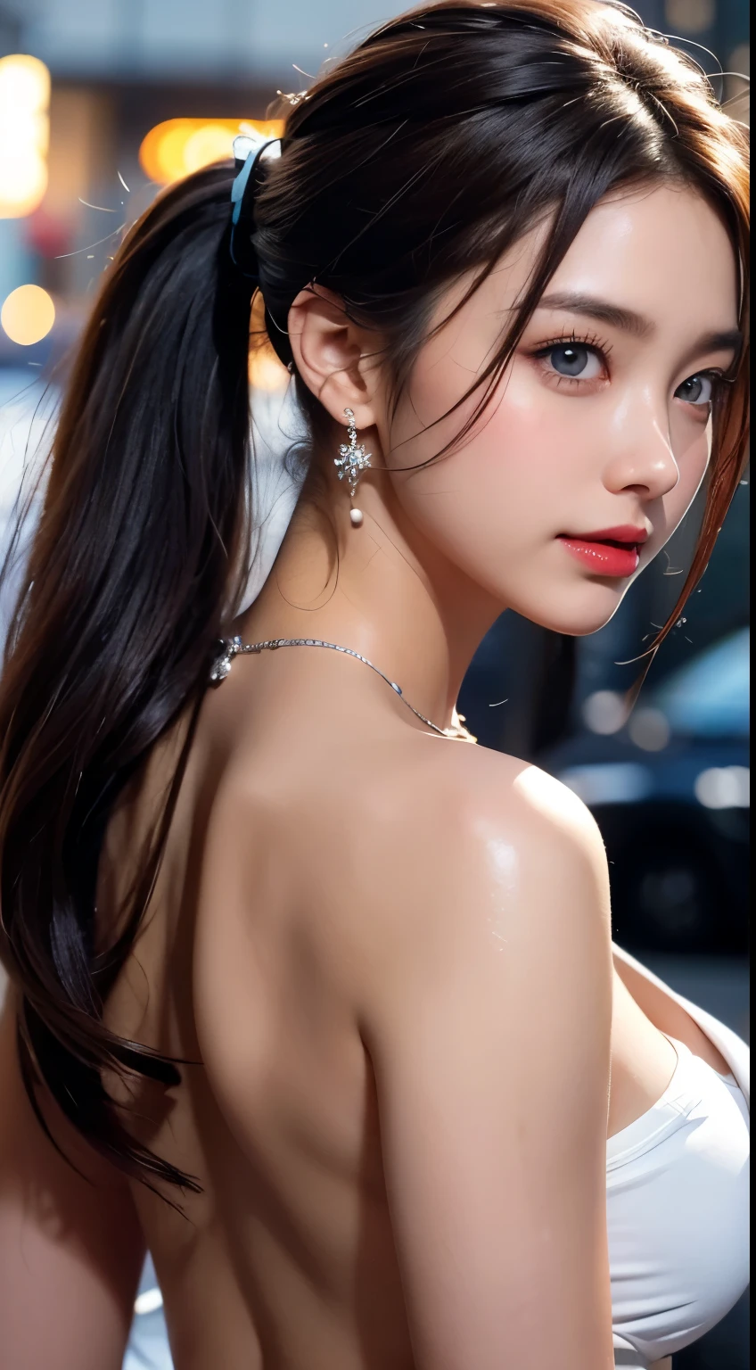 Urban beautiful girl college student, masterpiece, light makeup, red lips, silver hair, messy long hair, street background, beautiful, elegant. super fine details, master works, authentic texture, cinematic lighting realism, perfect job, 16k, hd, exquisite features,blue eyes、japanese idol、beautiful顔、cute smile、brown hair、beautiful hair、ponytail、glamorous、 big breasts、nipples、oily muscles、shiny skin、sunburned skin、Glowing dark skin、sexy camisole,T-back, bright big eyes, smooth skin, earrings, necklace, tattoo