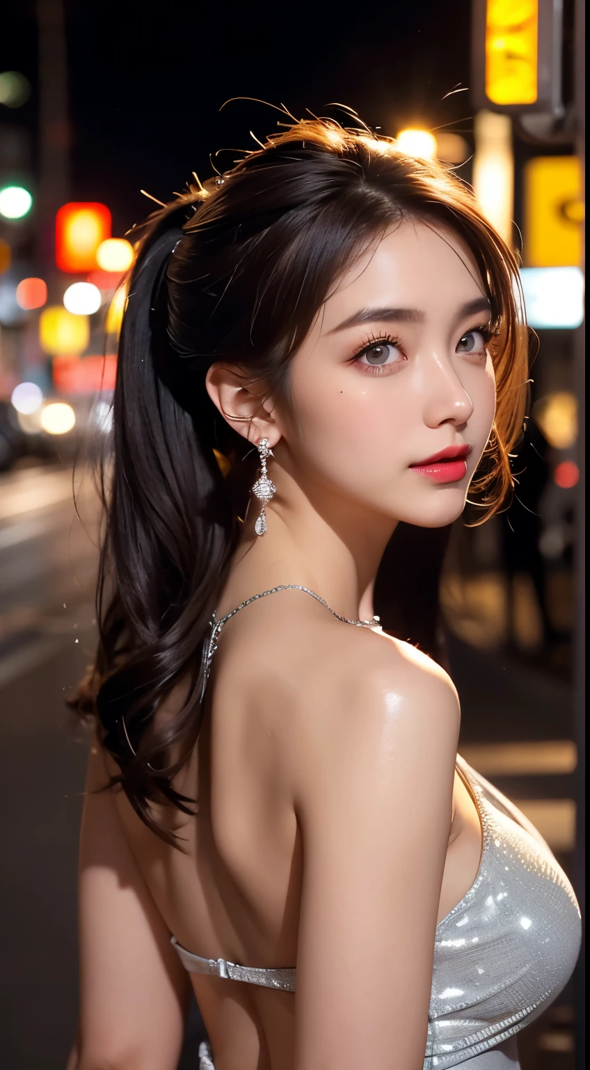 Urban beautiful girl college student, masterpiece, light makeup, red lips, silver hair, messy long hair, street background, beautiful, elegant. super fine details, master works, authentic texture, cinematic lighting realism, perfect job, 16k, hd, exquisite features,blue eyes、japanese idol、beautiful顔、cute smile、brown hair、beautiful hair、ponytail、glamorous、 big breasts、nipple、oily skin、shiny skin、tanned skin、Shining black skin、sexy camisole,T-back, bright big eyes, smooth skin, earrings, necklace,facing forward