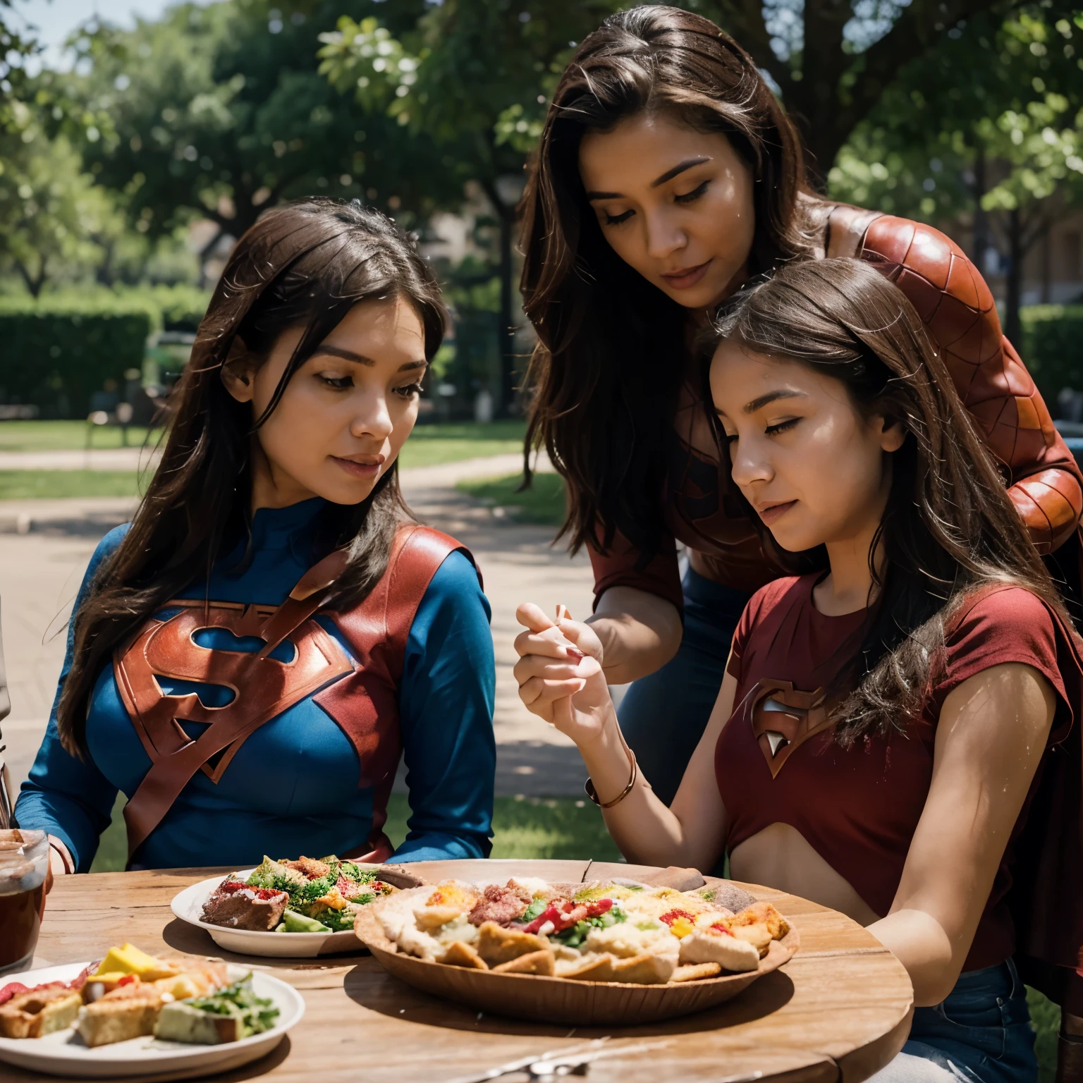 4d image depicting a superhero family consisting of a superhero father, a superhero mother and 2 superhero daughters eating together in a park