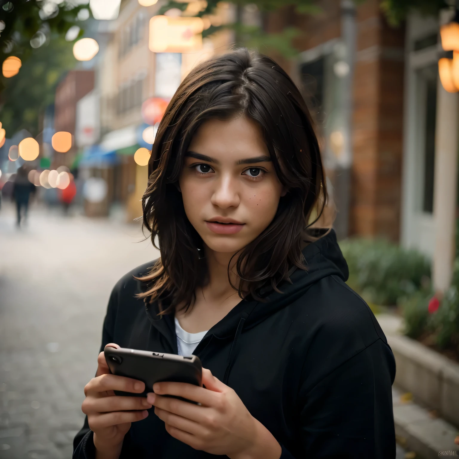 (8k, RAW photo, best quality, masterpiece:1.2), (realistic, photo-realistic:1.37), ultra-detailed, masterpiece HDR high quality Picture a young boy, 17 years old, handsome man, long black messy hair to his shoulder, sharp eyes, blue hoodie, working on the smartphone, expressing a sense of perplexity and curiosity, with a touch of humor, creating a warm and relaxed atmosphere, captured in high resolution (best quality, 4k), with ultra-detailed features, realistic colors, and a touch of bokeh, reminiscent of a candid snapshot.