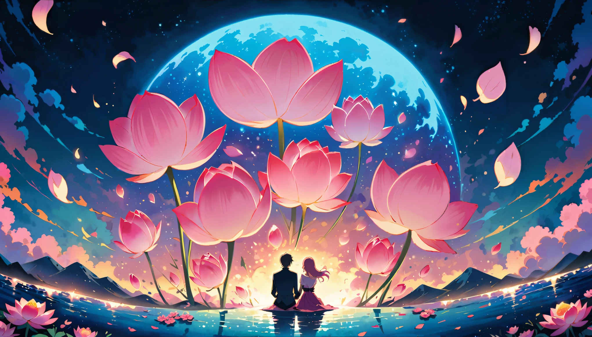 A couple sits on the edge of an endless sea made entirely of pink lotus flowers, with their backs to each other and facing away. The bright moon shines before them, creating a romantic atmosphere. This is illustrated in the style of anime art with a touch of illustration. It features vibrant colors and a night scene, with neon lights shining through the petals. One hand holds a bouquet of roses, while another person holds hands with their lover, focusing on their face.