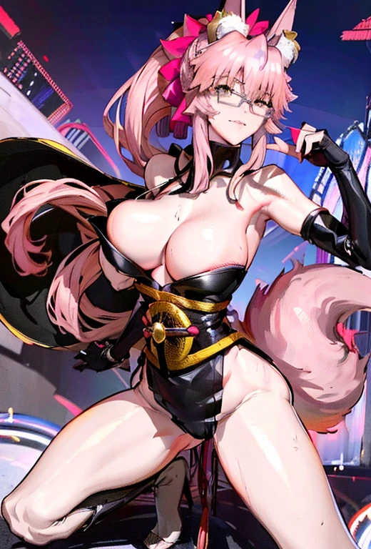 (masterpiece),(high resolution),(ultra-detailed),(8k),extra limbs,missing limbs,extra digit,missing digit,fused fingers,mutanted hands and fingers,1woman,full body,(((super realistic))),pale skin,fighter,(((pink color long ponytail hair))),(evil smile),(blonde color eyes),large breasts,large ass,(pink fox ears),(pink fox 1 tail),woman,(white rimless frame glasses),((japanese clothes)),(contrapposto stand),sweat,(cyberpunk background),(((Fate/Grand Order,character,Koyanskaya origin))),Tamamovich Koyanskaya(Spy Wind),evil woman,attribute(Lawful Evil Beast),draw the face accurately,Golden eyes shining,confetti,moon night
