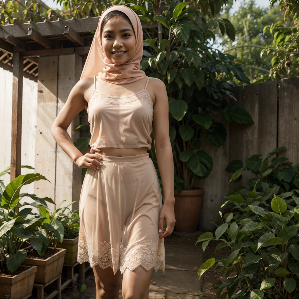 Realistic photo depicting 1 Indonesian girl in hijab, villager, poor girl, 52 years old, wearing peach color hijab jilbab, wearing see-through peach color lace camisole, wearing very short see-through peach color lace skirt, smiling, darker skin, curvier body, short body, long straight hair, standing alone in fruit greenhouse, facing the camera, full body, making it very realistic and detail