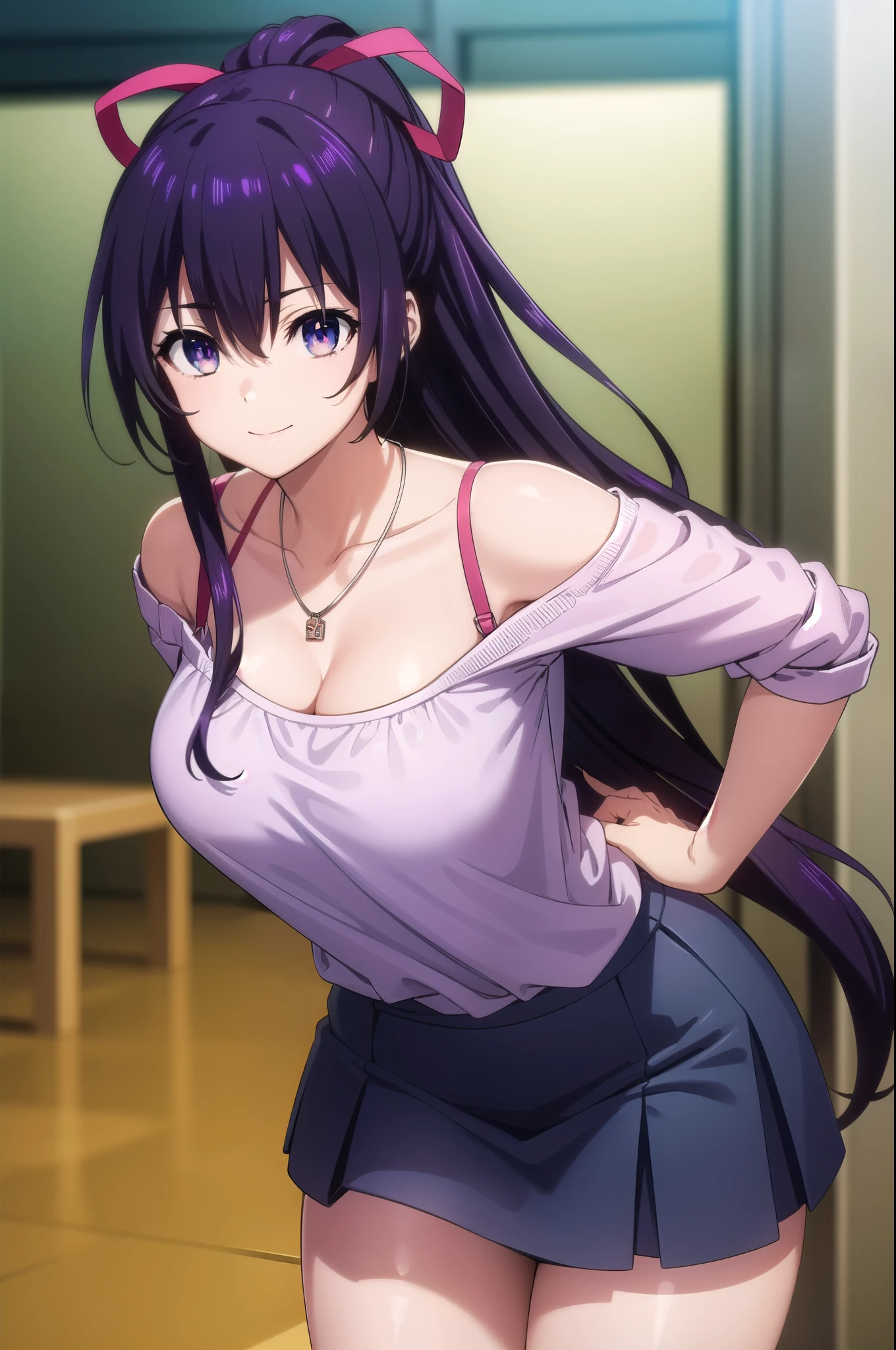 tohkayatogami, tohka yatogami casual, long hair, purple hair, alluringly smile, sheer off shoulder, cold shoulder ,tight blouse, soft pink tops, satin fabric, cleavage, v neck , necklace, ribbon , frilly skirt, knee length skirt, tight skirt, cute purse (purple eyes:1.1), hair ribbon, ponytail, purple hair, white ribbon, g cup breasts, slender waist, plump butt , high heels 
BREAK ,
BREAK indoors, office, alone, 
BREAK distance view, head to toe view, looking at viewer, seduce poses (cowboy shot:1.5),
BREAK (masterpiece:1.2), best quality, high resolution, unity 8k wallpaper, (illustration:0.8), (beautiful detailed eyes:1.6), extremely detailed face, perfect lighting, extremely detailed CG, (perfect hands, perfect anatomy),