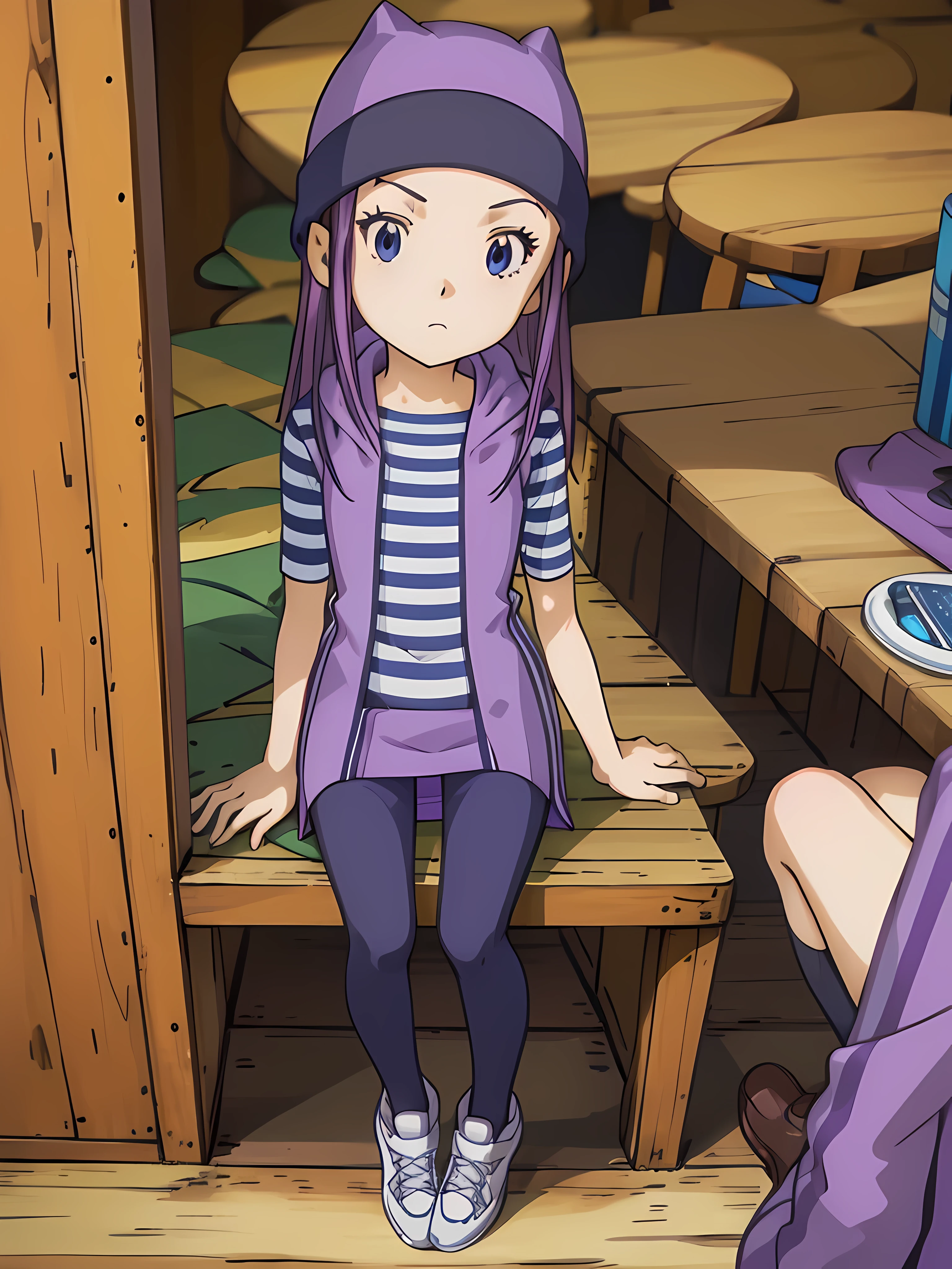 izumi orimoto, blond hair, green eyes, purple beanie, purple vest, purple miniskirt, blue white striped shirt, long purple socks, sneakers, purple vest, striped shirt, beanie, cat hat, BREAK looking at viewer, BREAK indoors, classroom, sitting on table legs spread, medium breast, medium , (masterpiece:1.2), best quality, high resolution, unity 8k wallpaper, (illustration:0.8), (beautiful detailed eyes:1.6), extremely detailed face, perfect lighting, extremely detailed CG, (perfect hands, perfect anatomy),