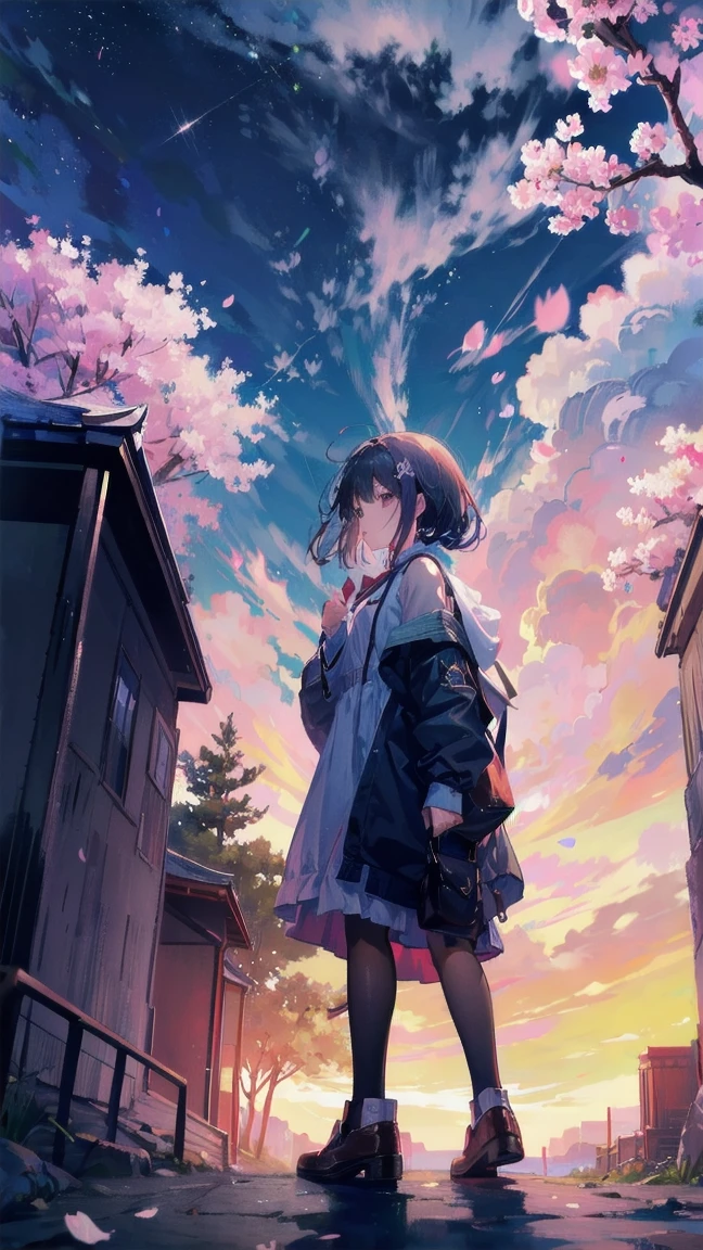 見上げるgirl シーン 1: Shadow of cherry blossoms at dusk A girl standing quietly with the sky behind her, Tinted Blue. 彼女の目の前にそびえ立つのはバベルのtowerと呼ばれる巨大な桜だ. shape, Like piercing the clouds, It'nice'Reaching the sky. girl'視線はCherry treeの頂上に向けられている.. tower, Enveloped in the darkness of the night, Creates a fantastic atmosphere. Cherry treeの表面には複雑な模様が刻まれている.. old-fashioned. girl seemed to sense something deep within the cherry blossoms.. Is it a memory of a classic story?、Or is it a longing for an unknown fantasy world??? Scene 2: Memories of the starry sky: Countless stars twinkle in the night sky、少女はtowerの頂上に立つ. At her feet, The city lights shine like jewels. girl ,takes a deep breath. 夜風の匂いとtowerの古い匂いが混じる. girl'A famous story played out in my head.. girl read a story of adventure and friendship.。 . The main character of the story, girlのように, バベルのtowerに登りました. There, She met her friends、Overcoming various difficulties. one day、The girl had a dream。, Like the main character, I'Go on an adventure. Scene 3: 朝焼けの約束 朝日の光がtowerを照らす頃、少女はtowerを出た. Please think back, towerは朝日に輝いて神々It even seemed. 少女はいつかまたこのtowerに登ると決めた. And she, She vows to tell the rest of the story. step by step, girl walked into the future,Cherry tree,Scattering cherry blossoms,face close up,looking at me,meteor