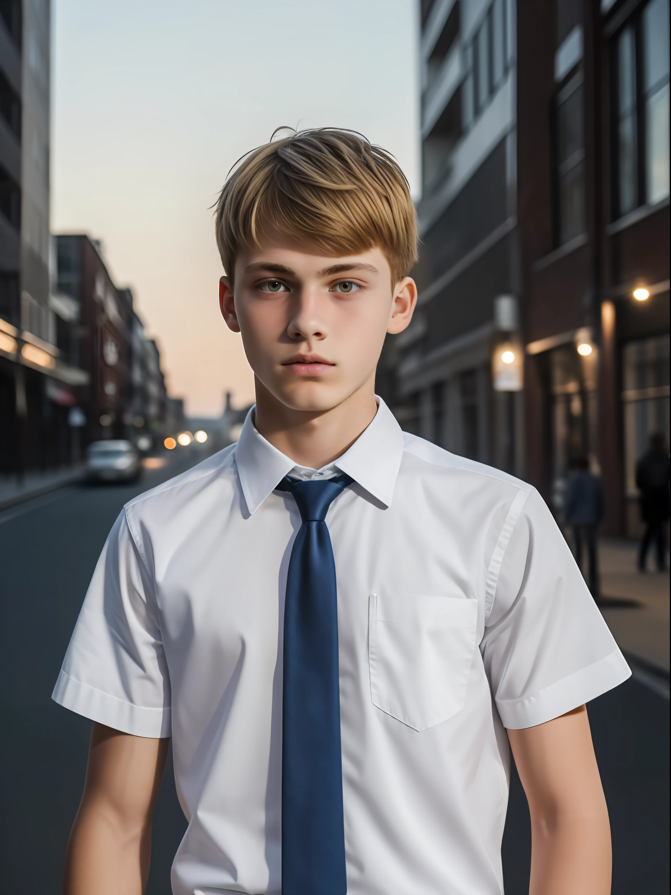 Melhor qualidade, 4K, um cara de 15 anos, ((com cabelo curto branco)), cidade, cara branco, olhos brancos, camisa, gravata,